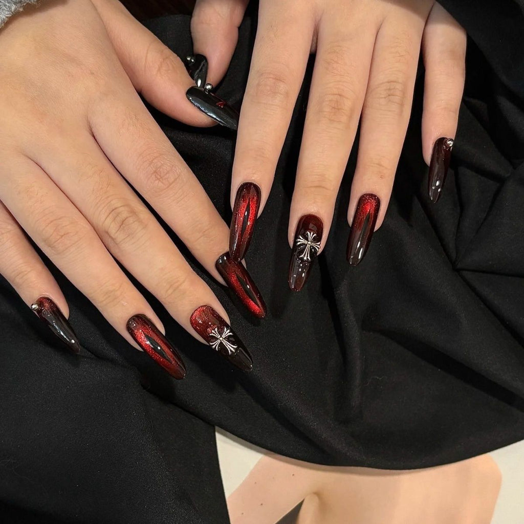 Uñas postizas de ojo de gato rojo oscuro: diseño artesanal de ojo de demonio para chicas atrevidas 