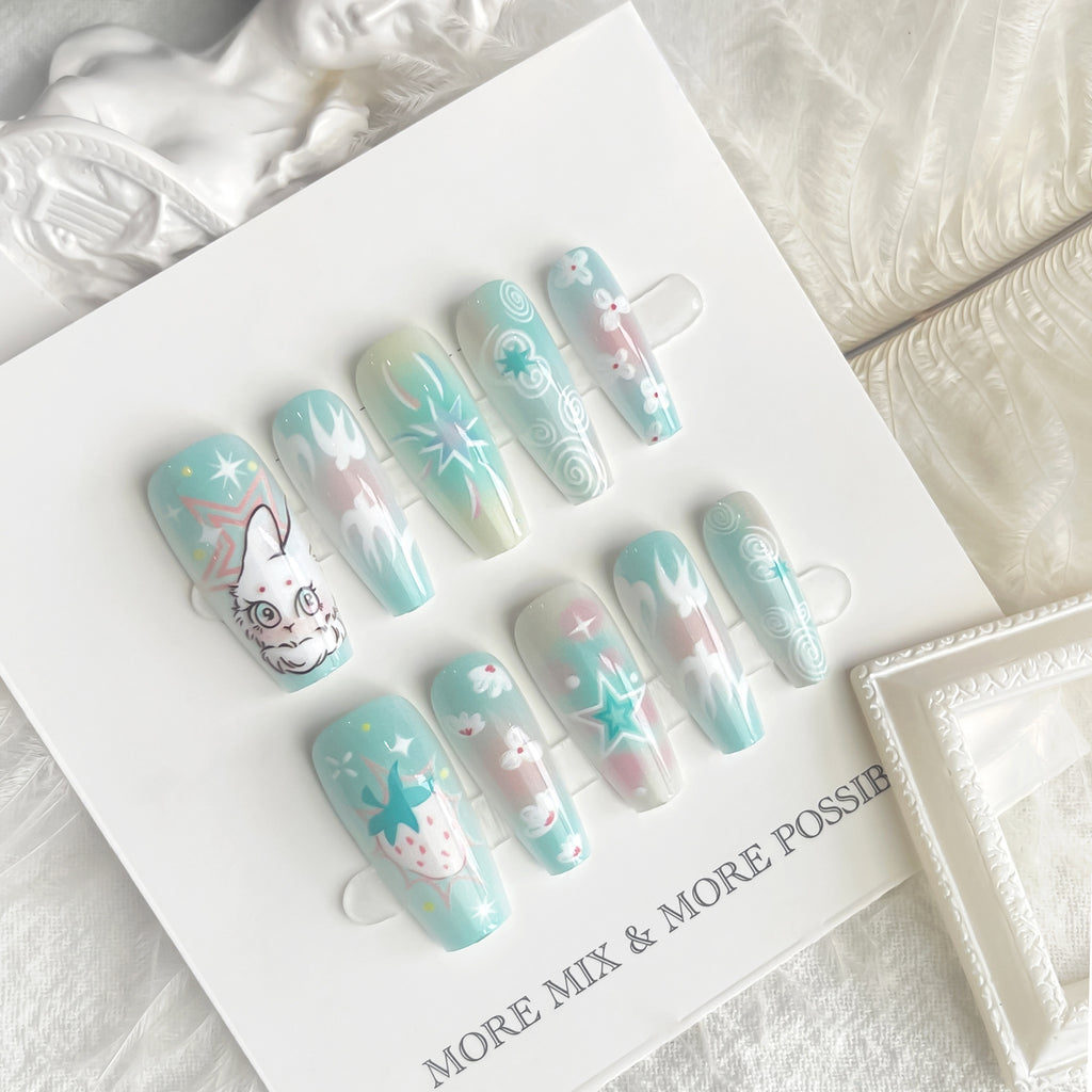 Uñas postizas con diseño de conejo de dibujos animados, diseño de escalera media, esmalte de uñas