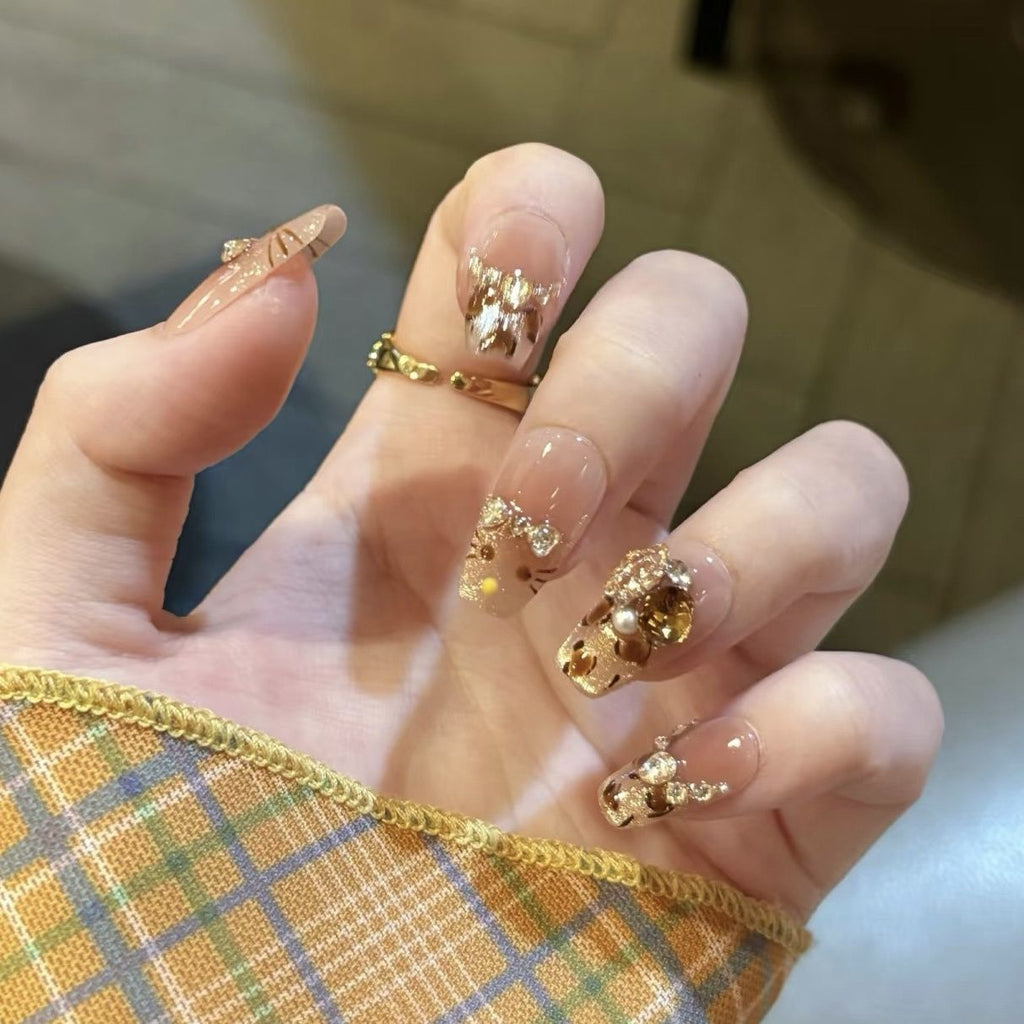 Leopard Kitty French Cat Eye Press On Nails – Handcrafted Sparkling Nude Design for Elegant Women 