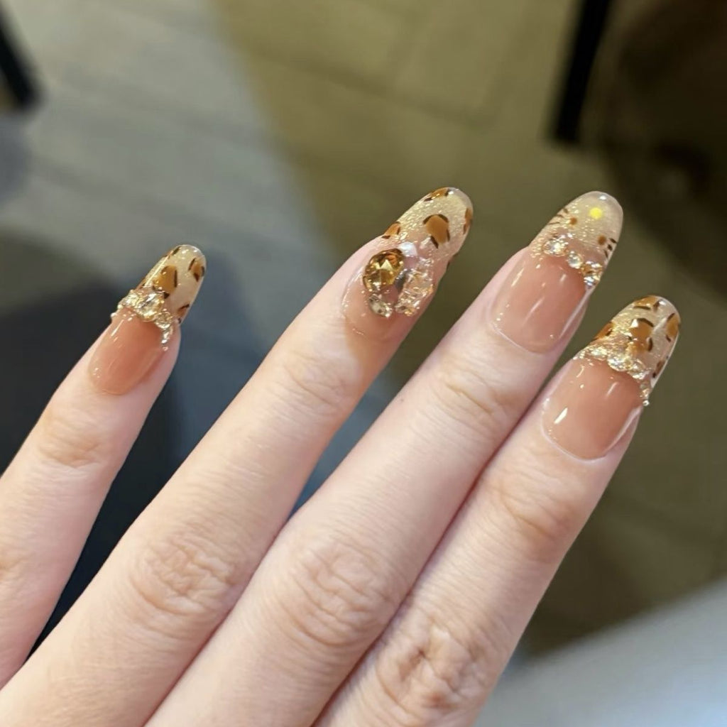 Leopard Kitty French Cat Eye Press On Nails – Handcrafted Sparkling Nude Design for Elegant Women 