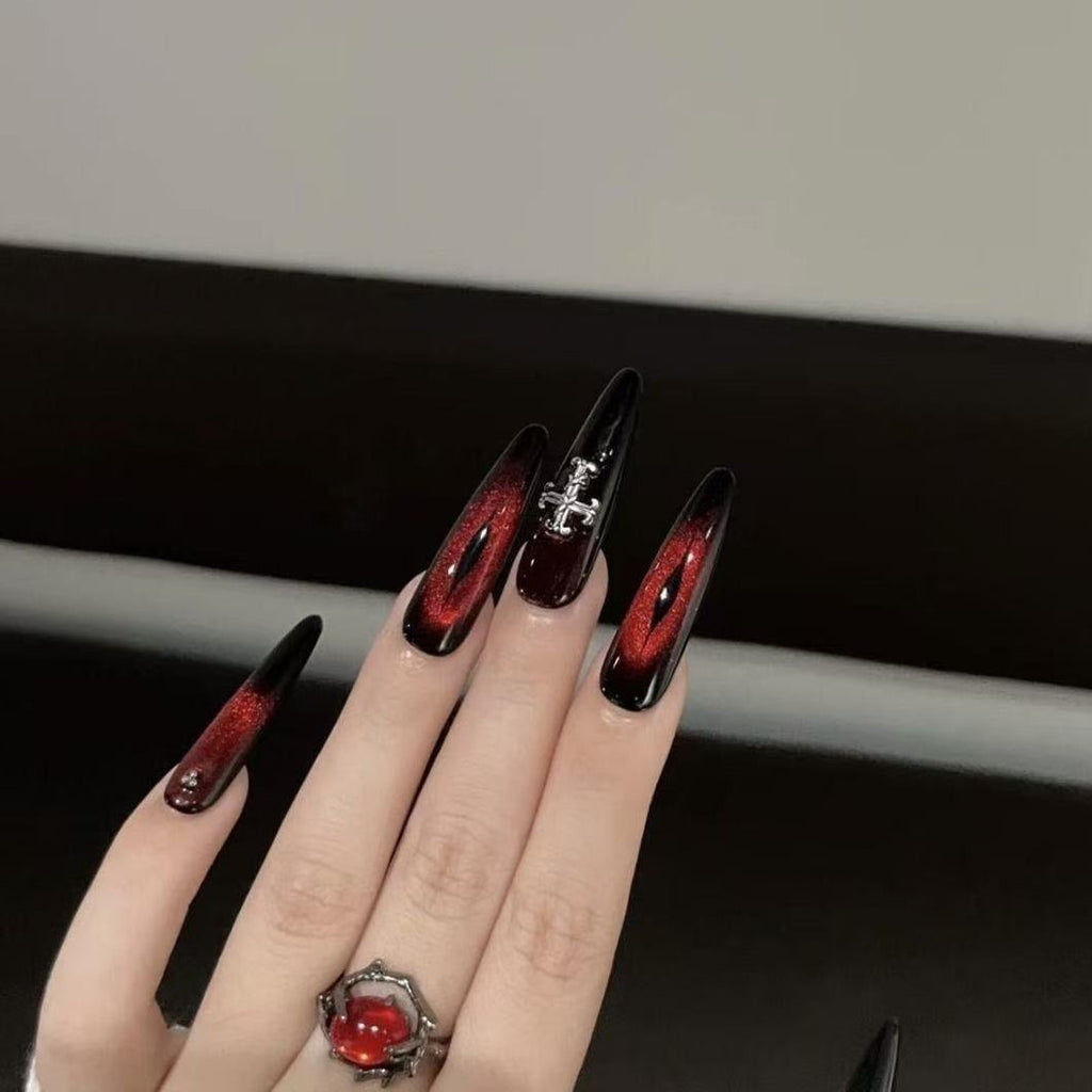Gothic Cat Eye Cross Press-On Nails – Handmade Punk Style for Chic