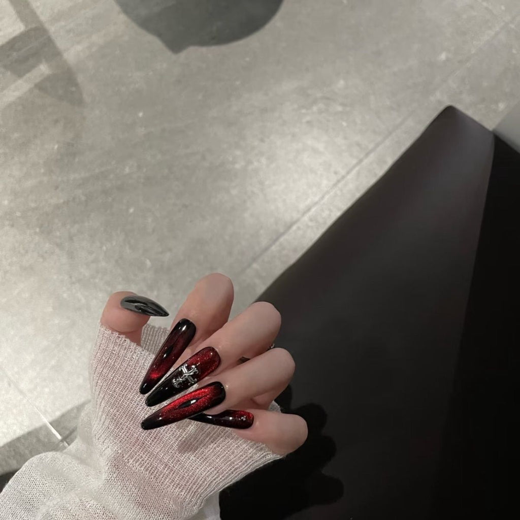 Gothic Cat Eye Cross Press-On Nails – Handmade Punk Style for Chic