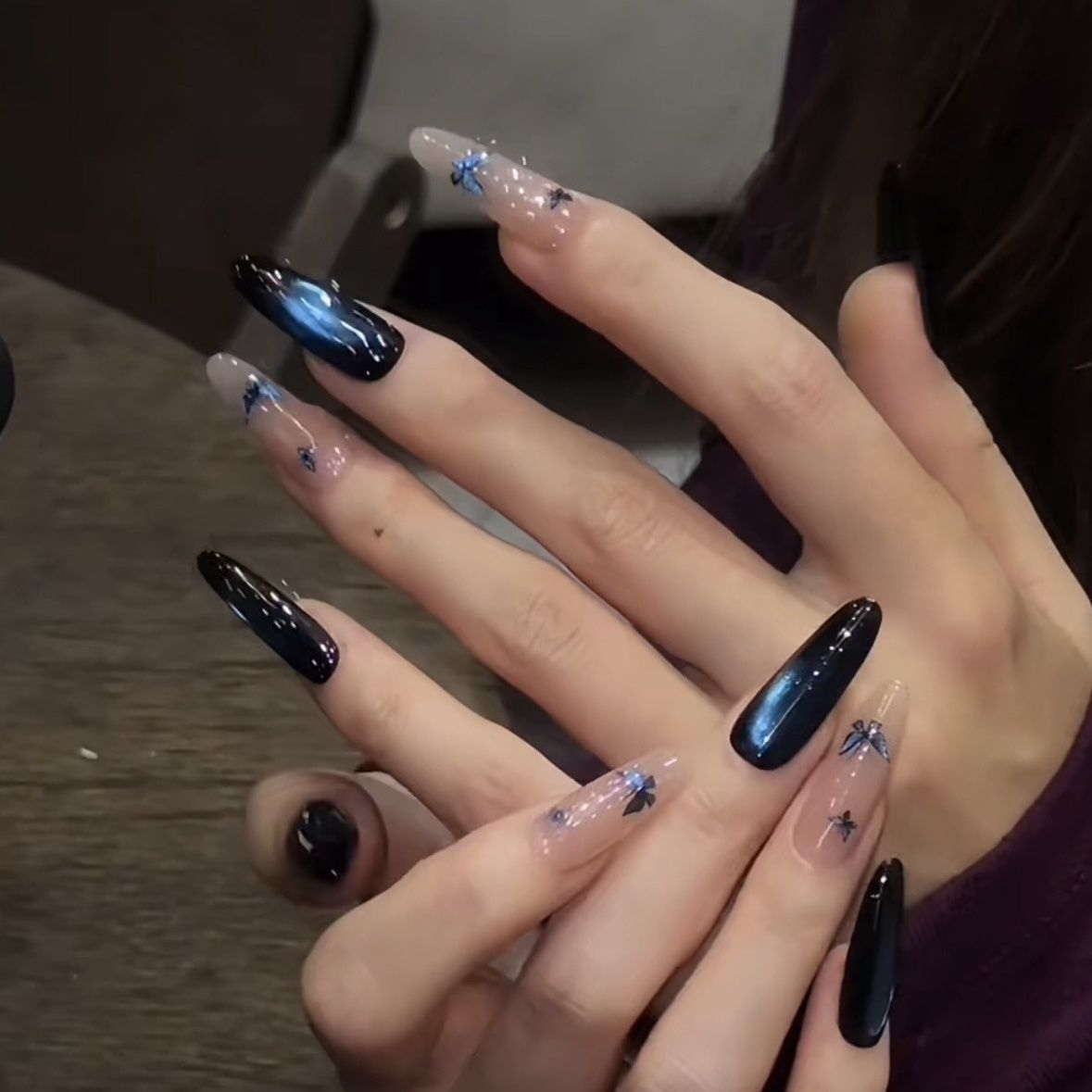 Butterfly Illusion – Handmade Blue Cat Eye Press On Nails with Sparkling Glam Look