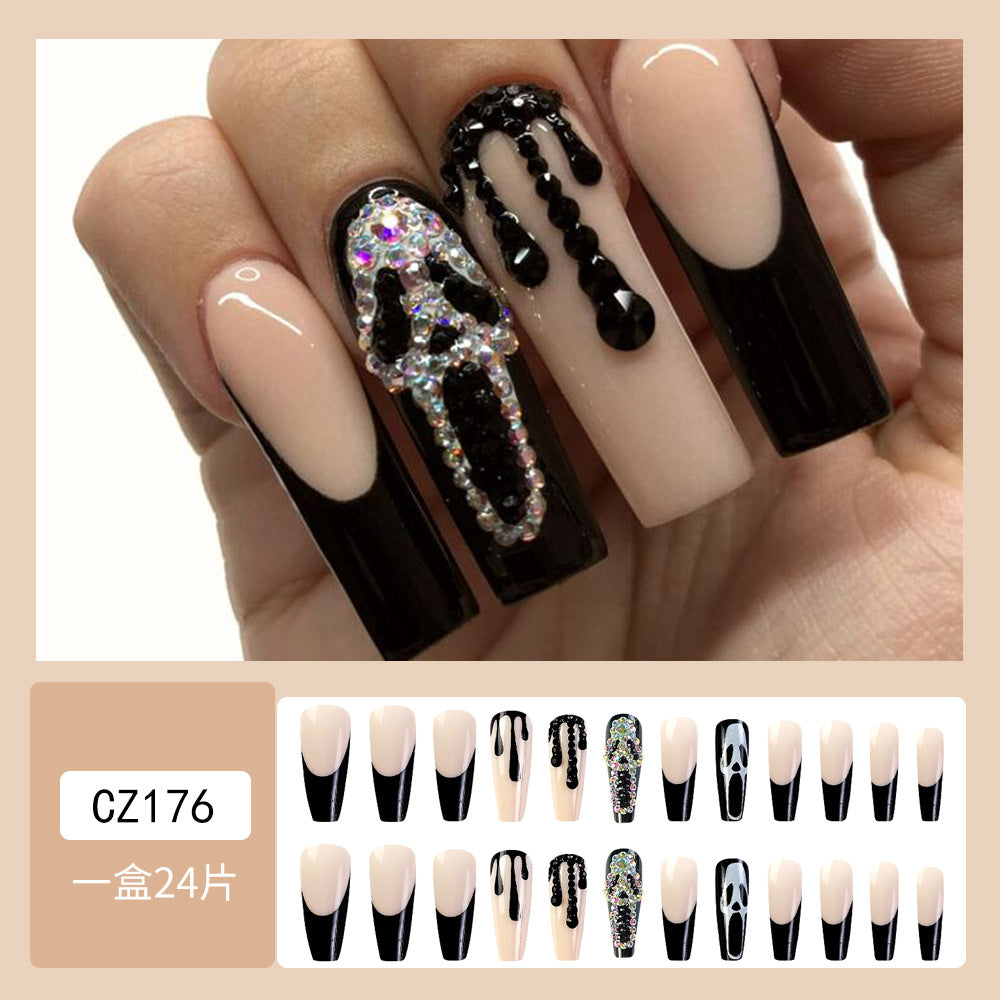 Halloween Press On Nails – 24pcs Rhinestone French Style Fake Nail Tips 