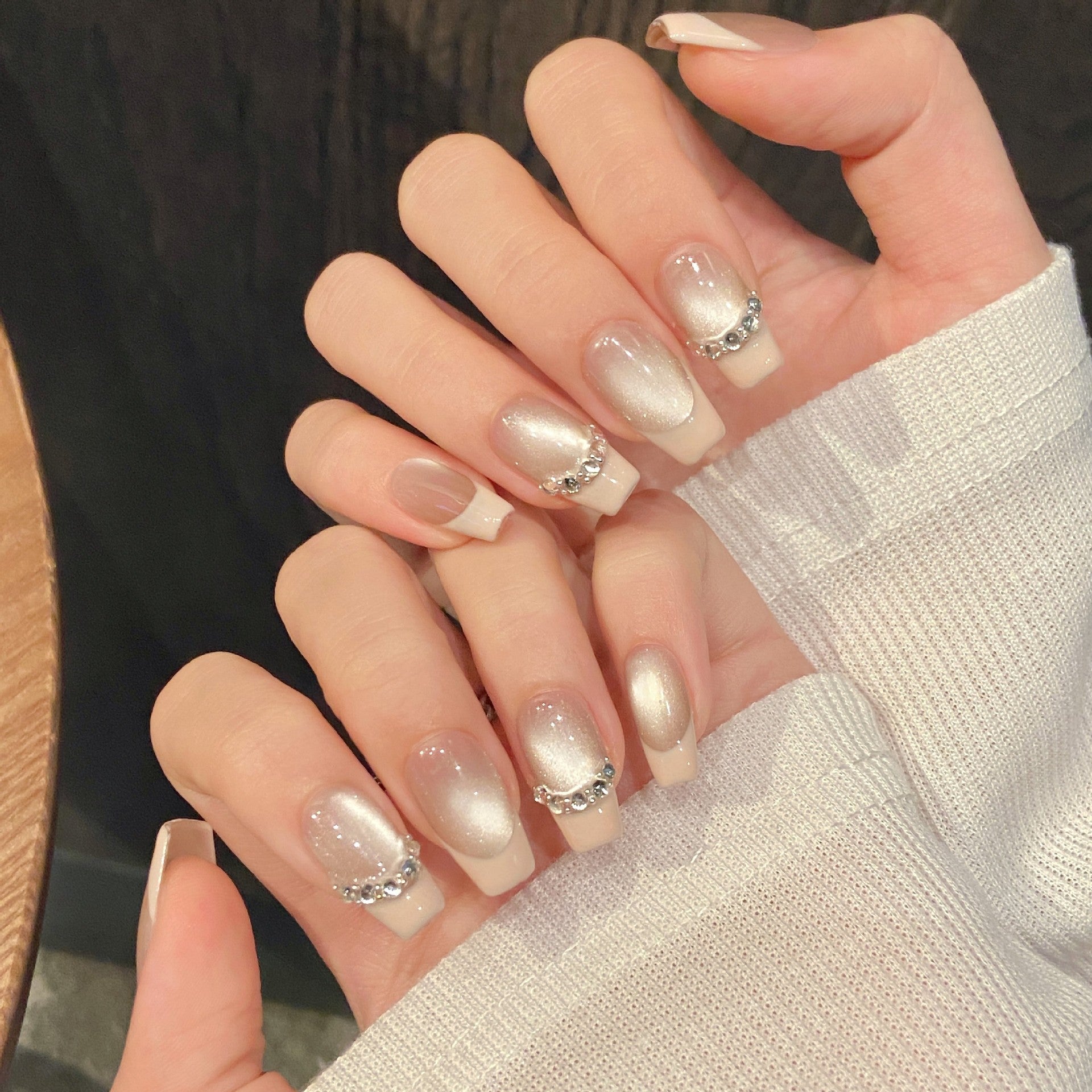French Cat Eye Press On Nails – Short Handmade Glitter Nails