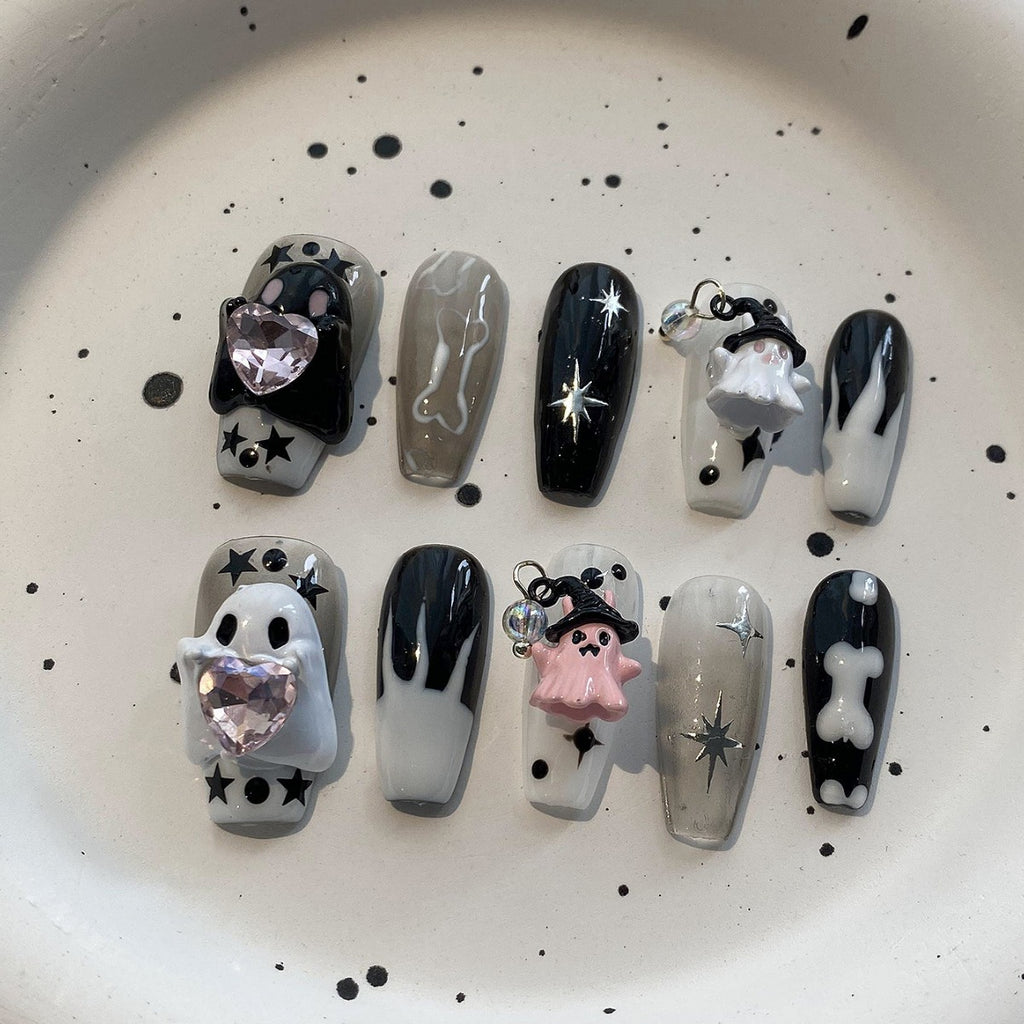 Halloween Press On Nails – Cute Ghost Handmade Detachable Fake Nails 