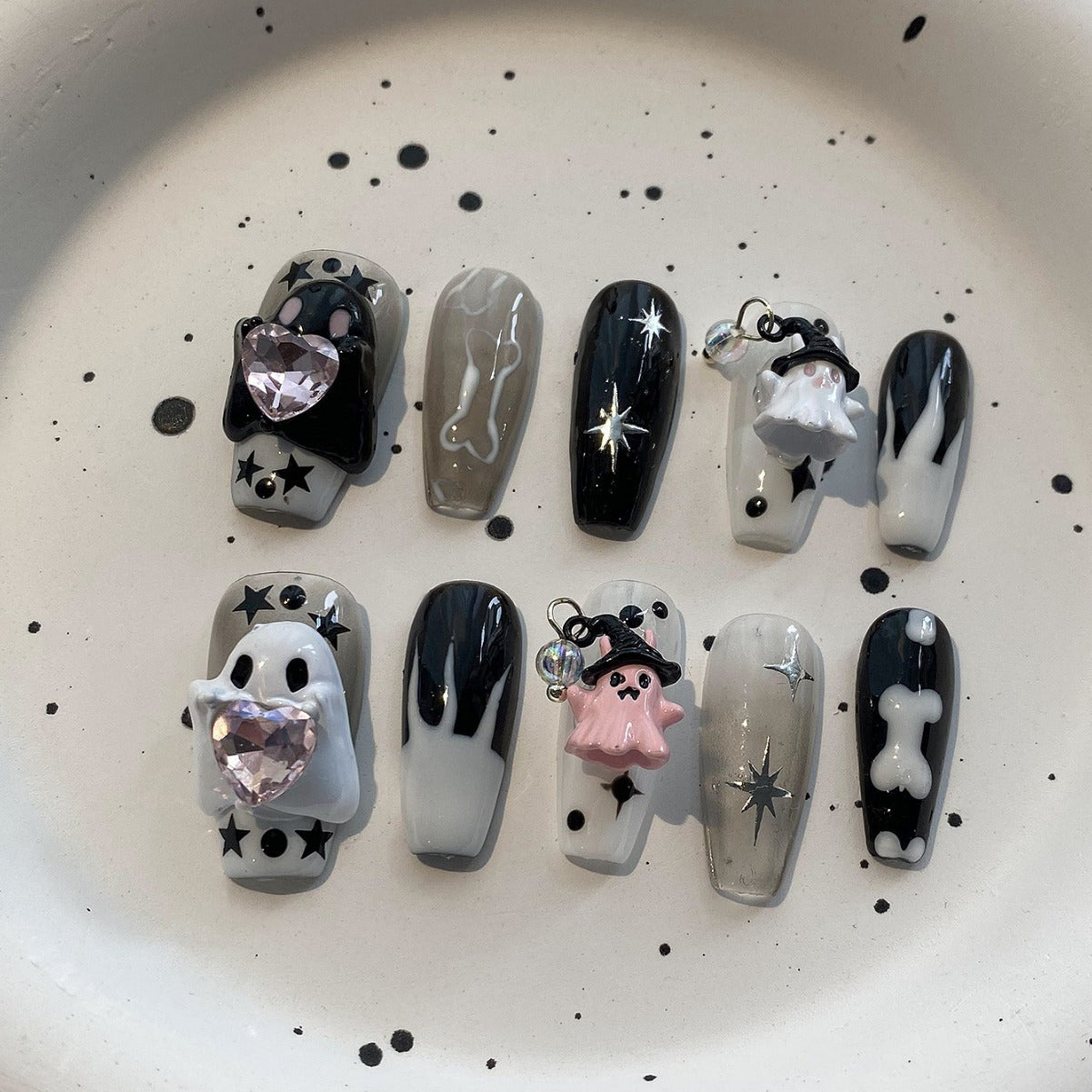 Halloween Press On Nails – Cute Ghost Handmade Detachable Fake Nails 