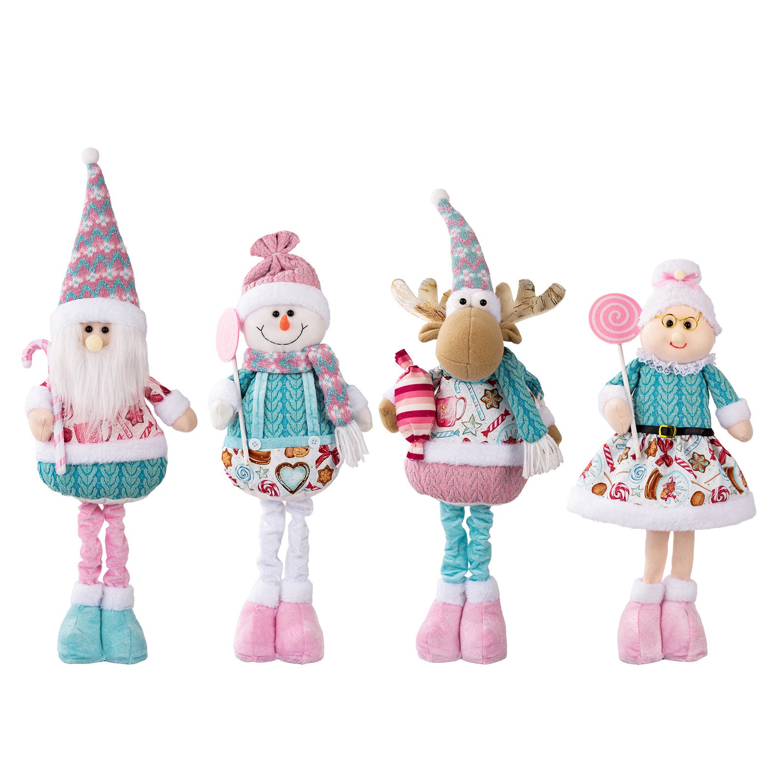 Pink Christmas Plush Decorations – Adjustable Santa & Snowman Figurines for Home or Shop Display