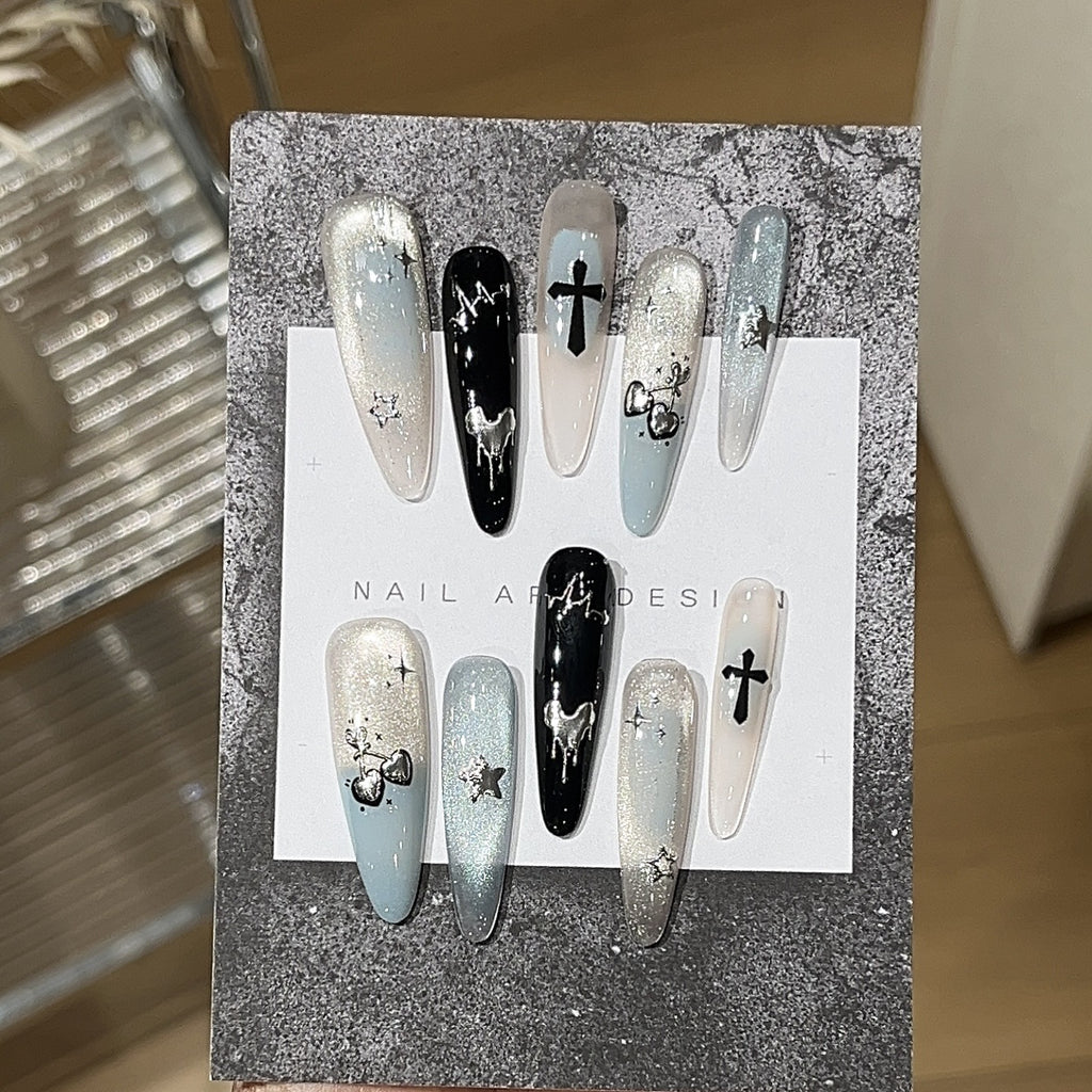 Y2K Mint Cat Eye Chrome Press On Nails – Metallic Cross Heart Design 