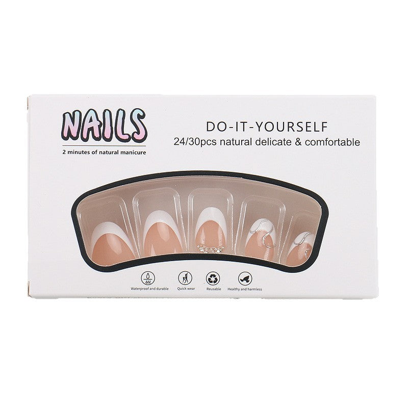 Short French White Edge Press On Nails – Rhinestone Chain Silver Line Fake Nails 