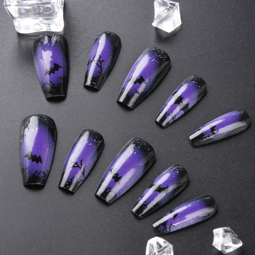 Halloween Press On Nails – 24pcs 3D Bat Design Black Purple Glossy Nails 