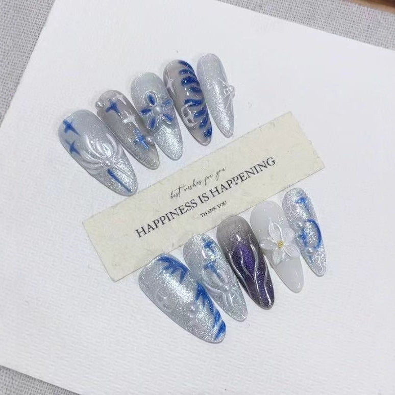 Handmade Press On Nails – Autumn Winter B348 Carved Floral Design 