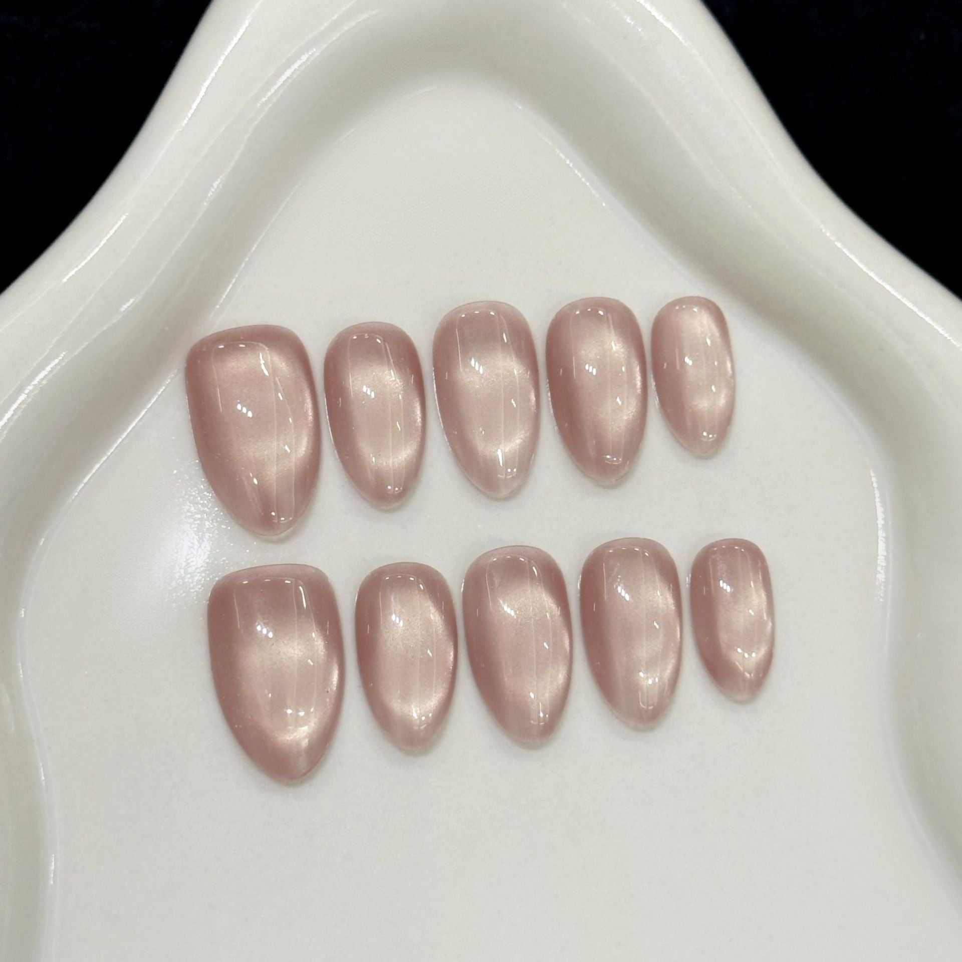Cat Eye Almond Nude Press On Nails – Sparkling Glass Beads Handmade