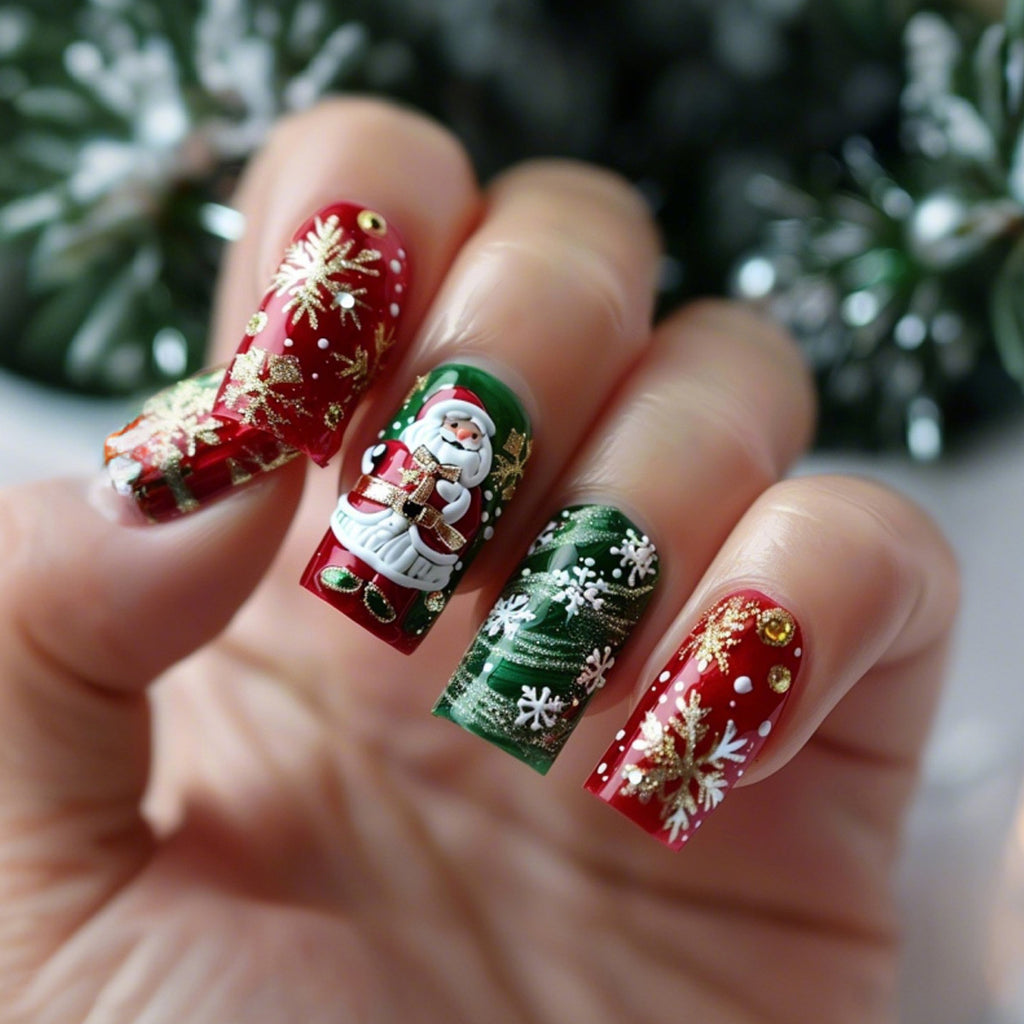 Green Christmas Press-On Nails – Santa & Snowflake Design Reusable Nail Tips