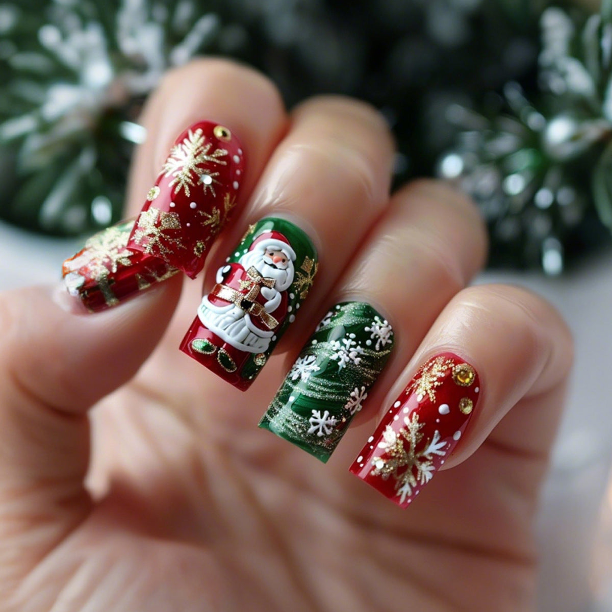 Green Christmas Press-On Nails – Santa & Snowflake Design Reusable Nail Tips