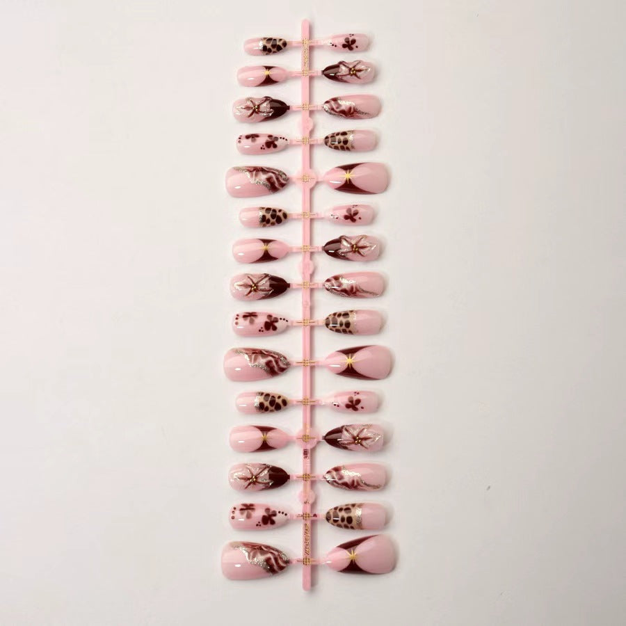 30pcs Almond Shape Leopard Print Brown Press On Nails – 3D Stripe Glossy Fake Nails 