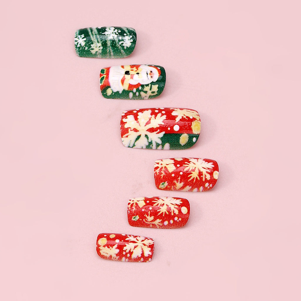 Green Christmas Press-On Nails – Santa & Snowflake Design Reusable Nail Tips