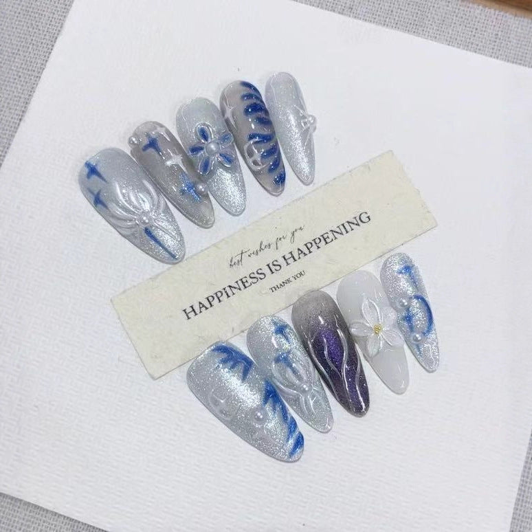 Handmade Press On Nails – Autumn Winter B348 Carved Floral Design 