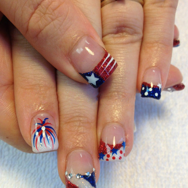 Independence Day USA Flag Fireworks Red Blue White Square Press On Nails 