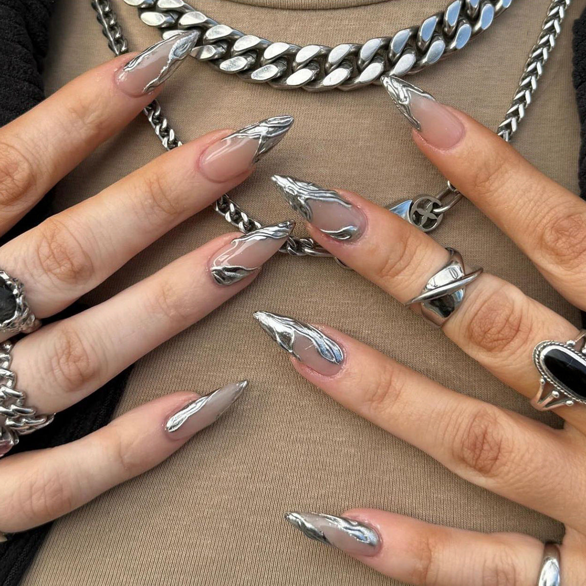 French Silver 3D Short Almond Press On Nails