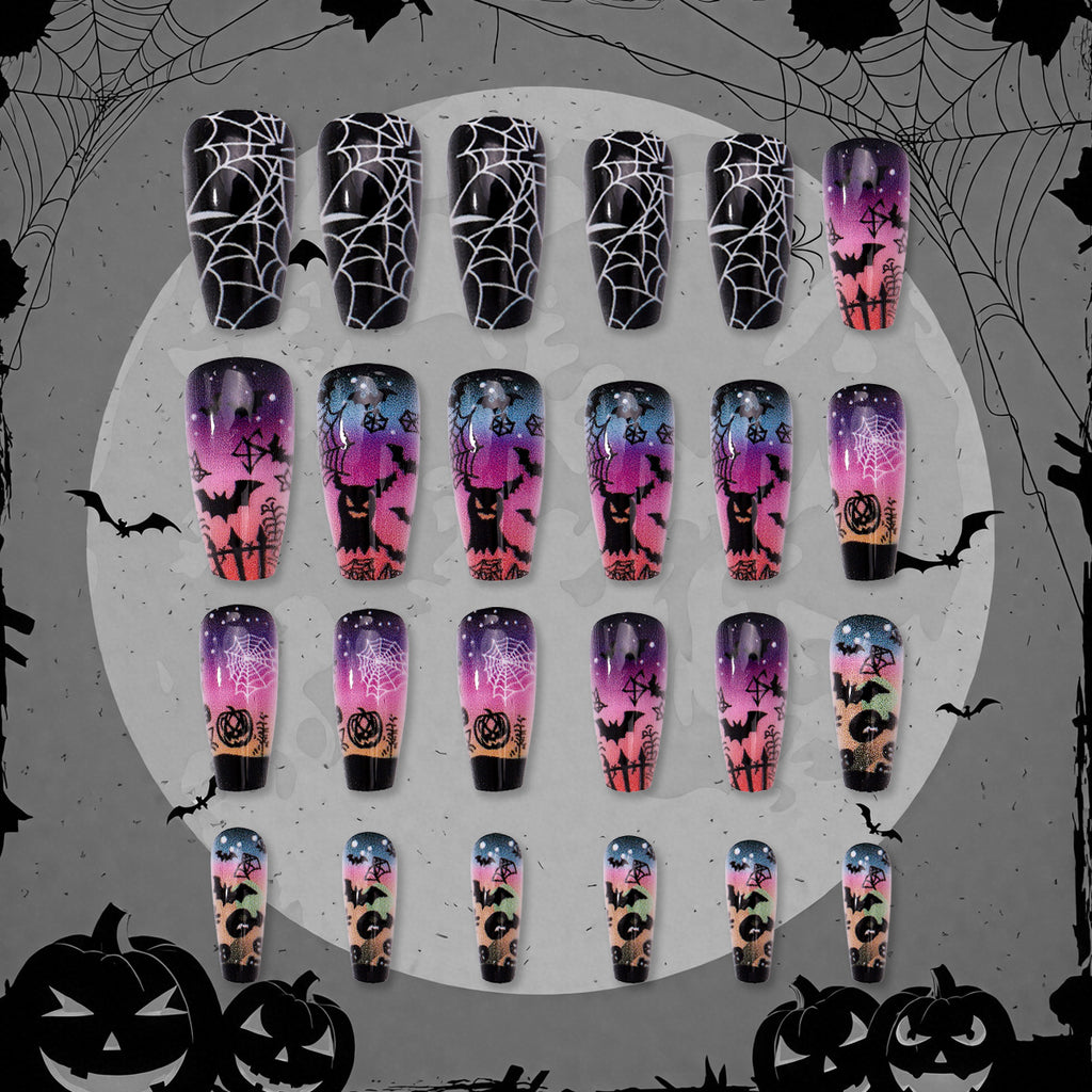 Halloween Press On Nails – Purple Bat Moon Design Fake Nail Tips 