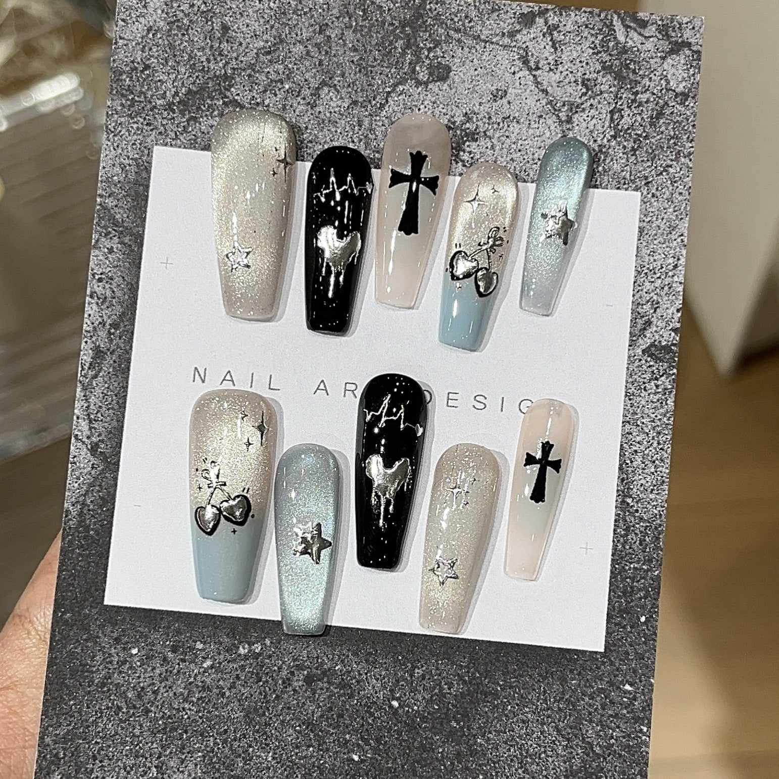Y2K Mint Cat Eye Chrome Press On Nails – Metallic Cross Heart Design 