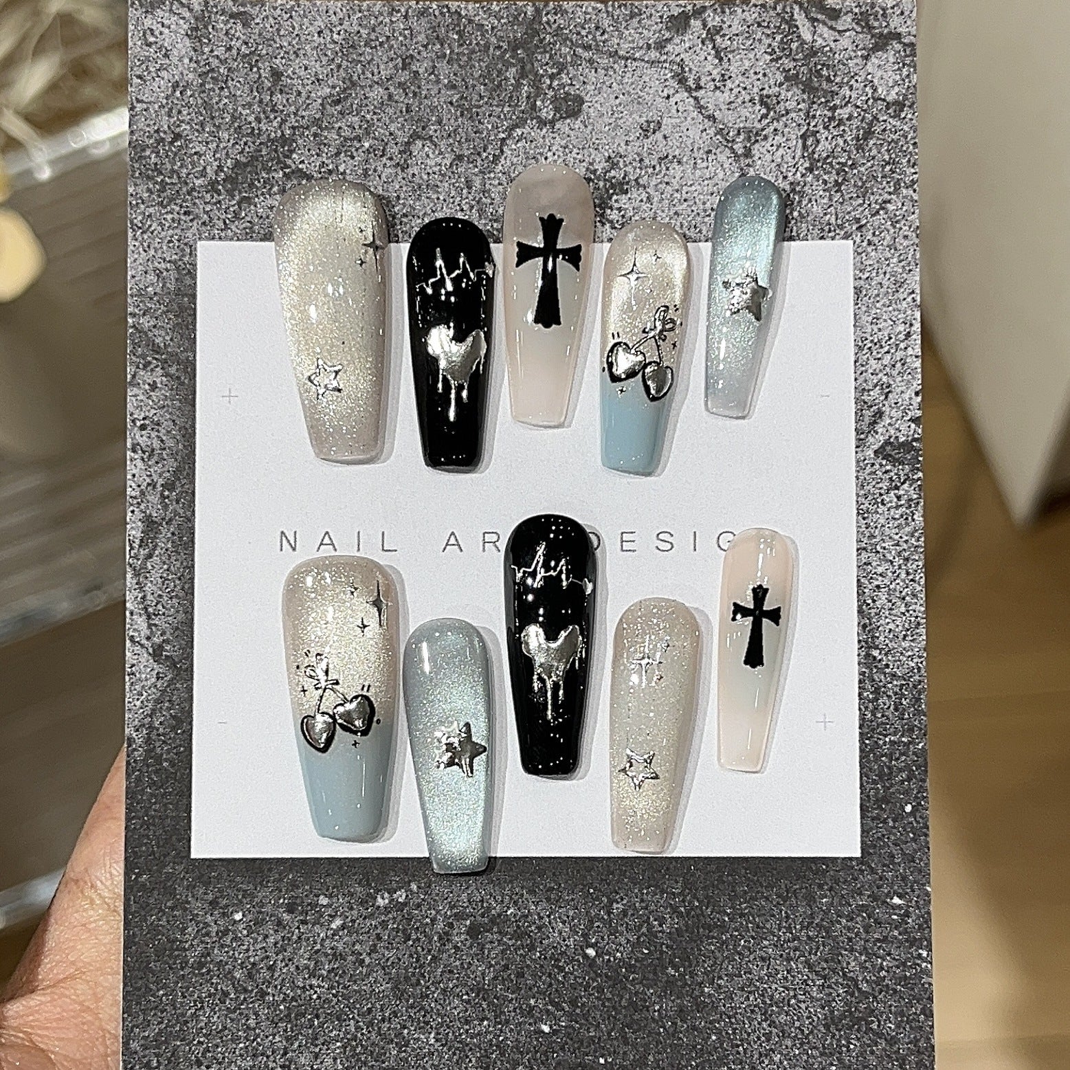 Y2K Mint Cat Eye Chrome Press On Nails – Metallic Cross Heart Design 