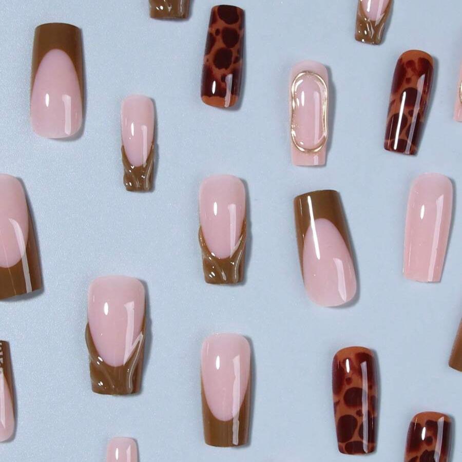 Leopard Print Press On Nails – Brown Green 3D Design 24pcs 