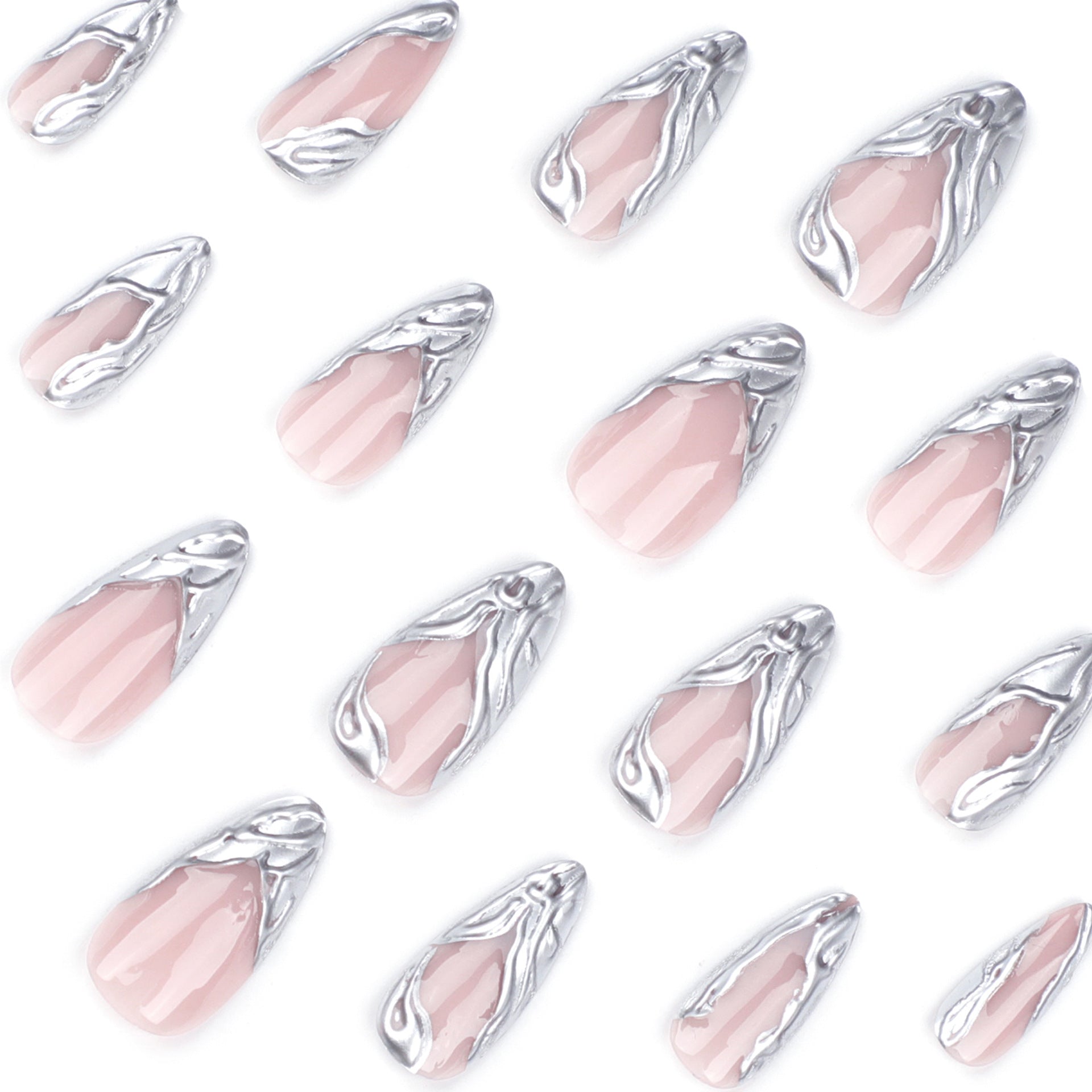 French Silver 3D Short Almond Press On Nails