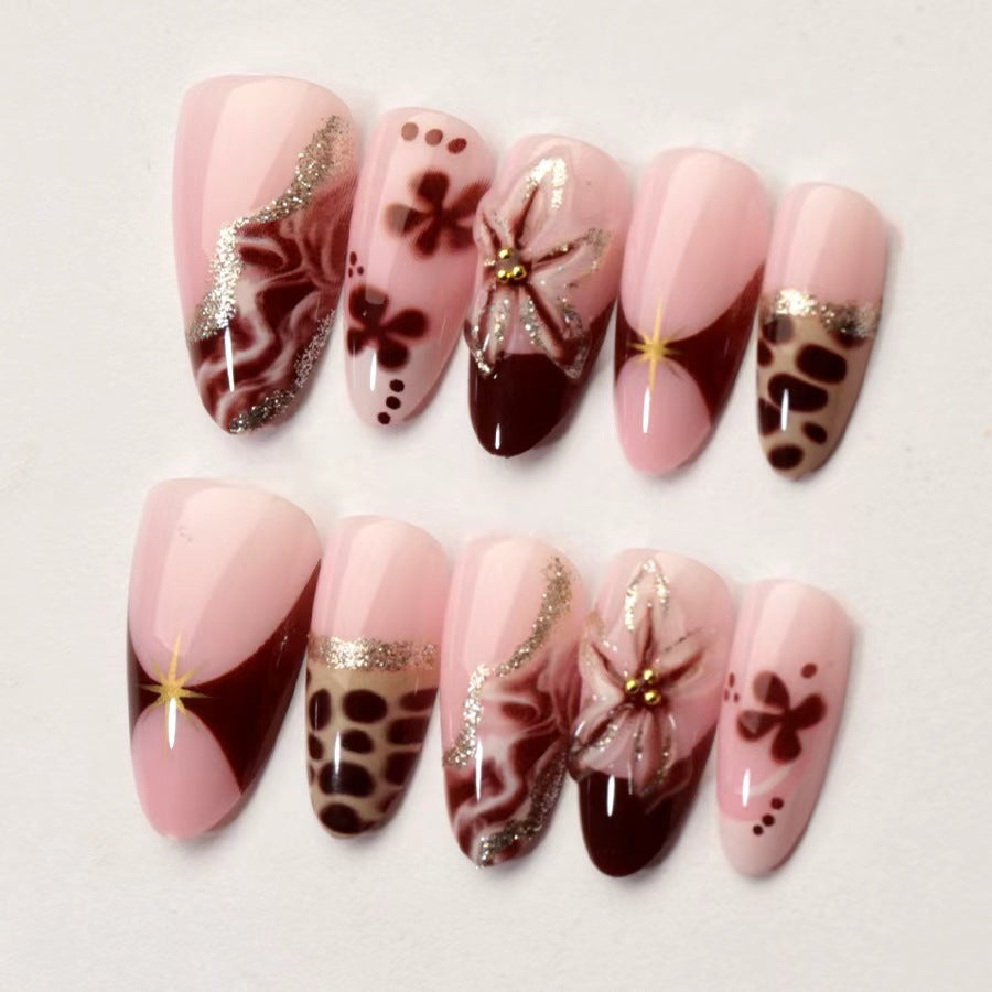 30pcs Almond Shape Leopard Print Brown Press On Nails – 3D Stripe Glossy Fake Nails 