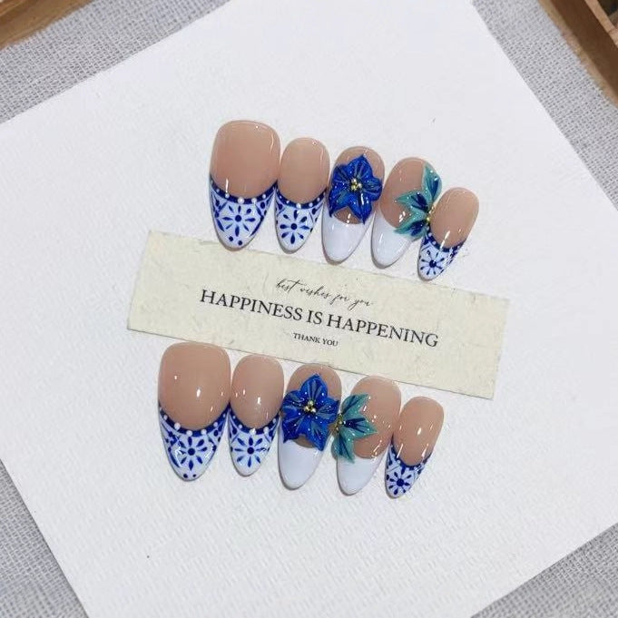 Handmade Press On Nails Autumn Winter Collection – Hand Painted Carved Design 