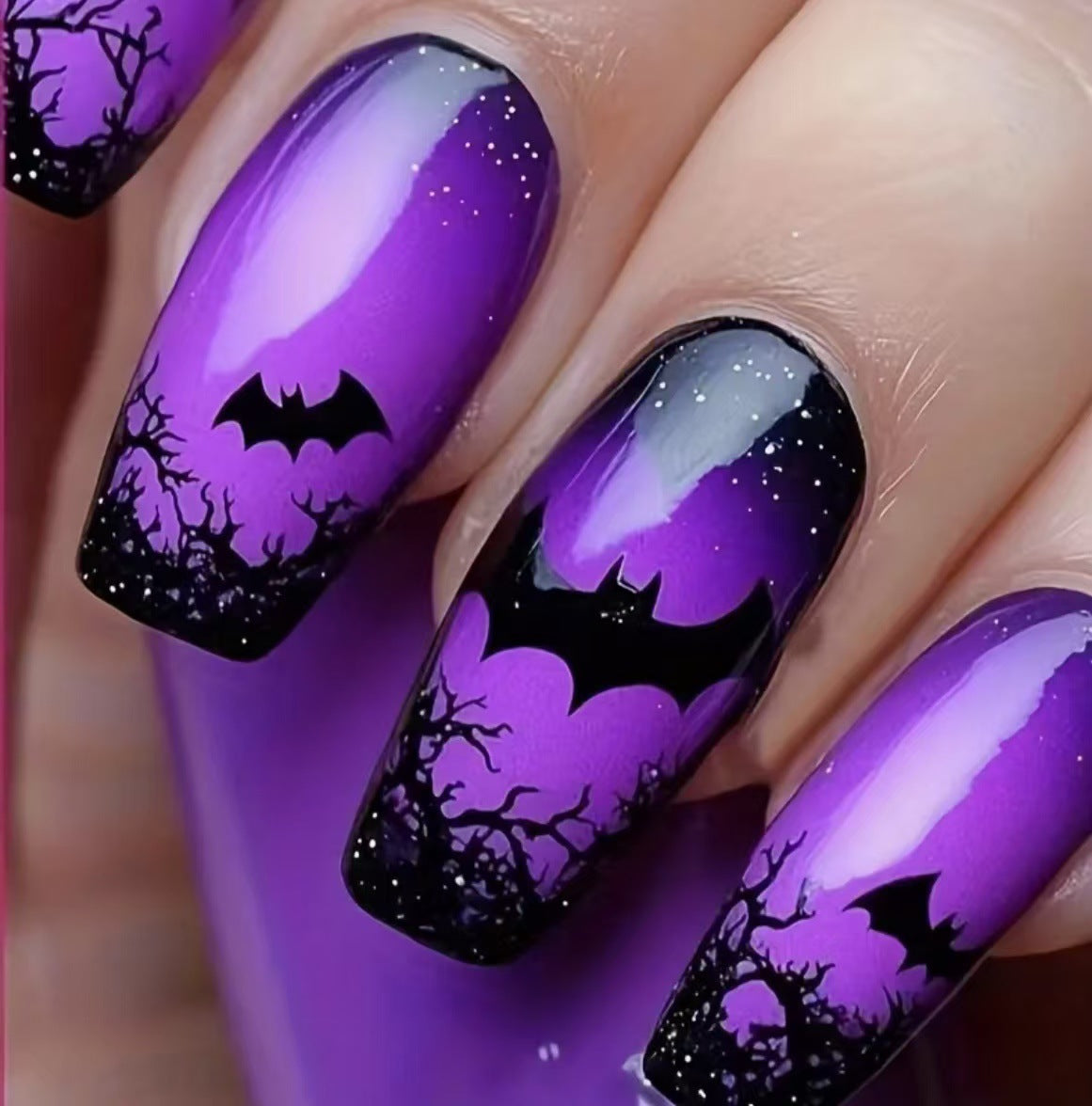 Halloween Press On Nails – 24pcs 3D Bat Design Black Purple Glossy Nails 