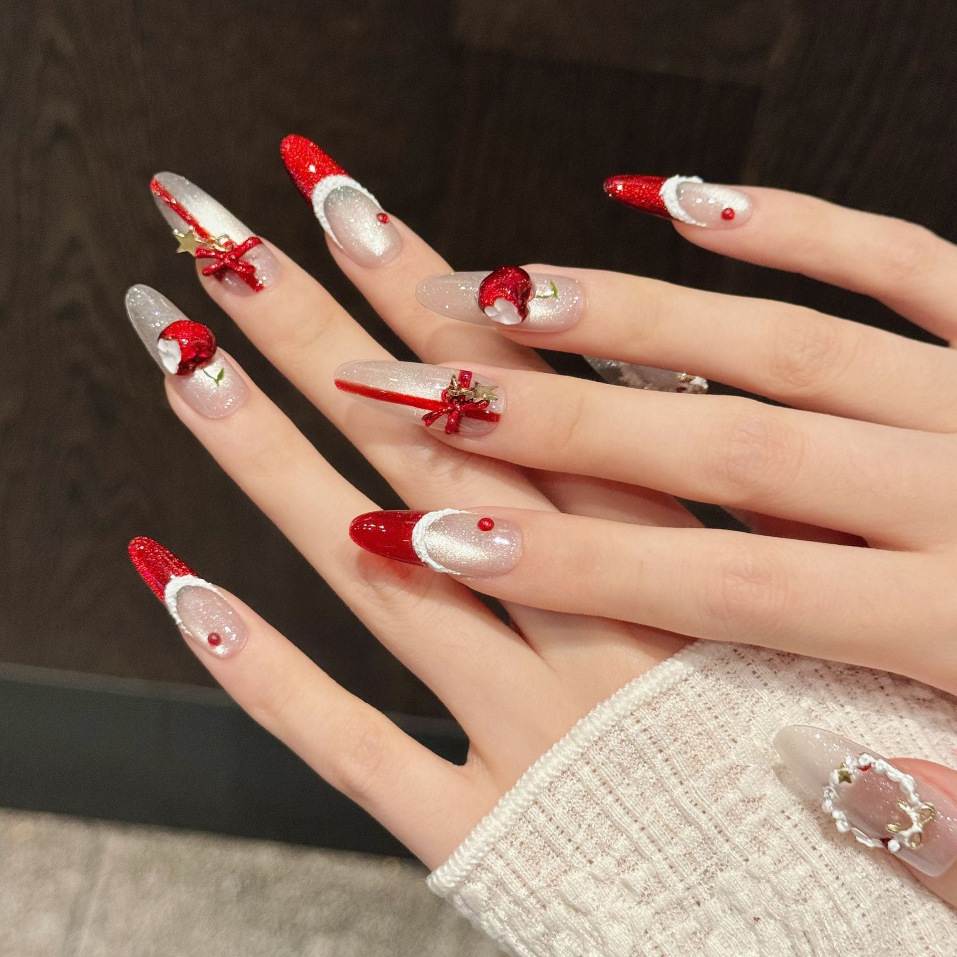 Christmas Wreath Red Cat Eye Nails – French Press-On Nails with Bow Design