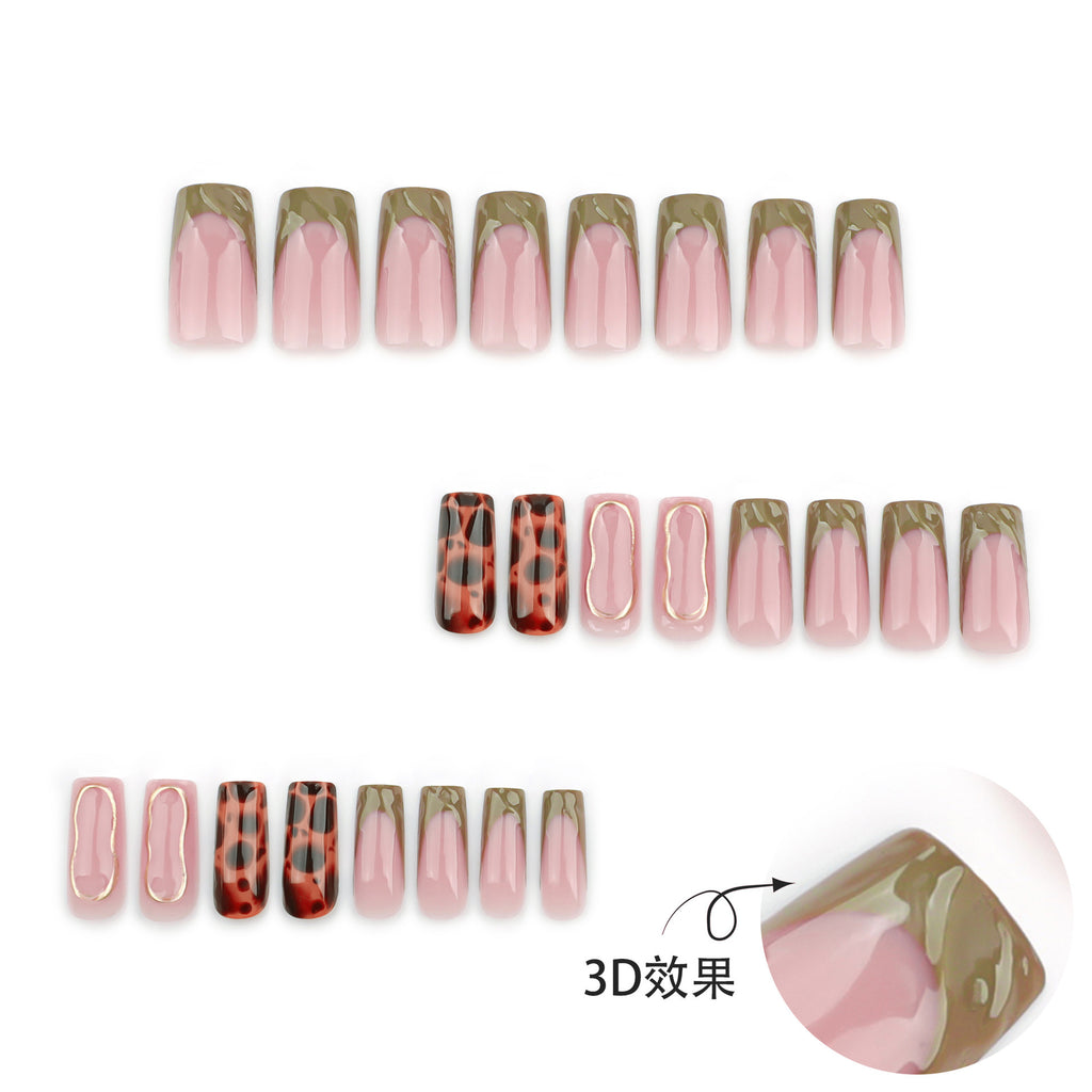 Leopard Print Press On Nails – Brown Green 3D Design 24pcs 