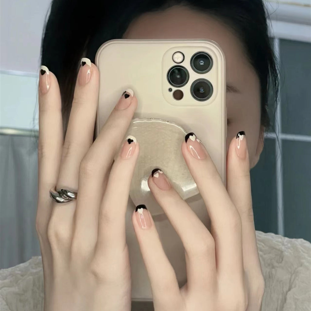 24pcs Black White French Heart Press On Nails – Sweet Cool Detachable Fake Nails 