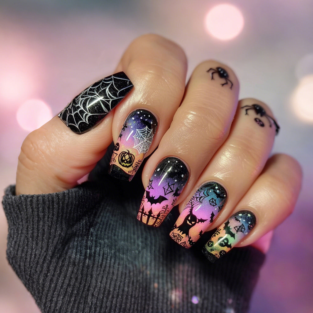 Halloween Press On Nails – Purple Bat Moon Design Fake Nail Tips 