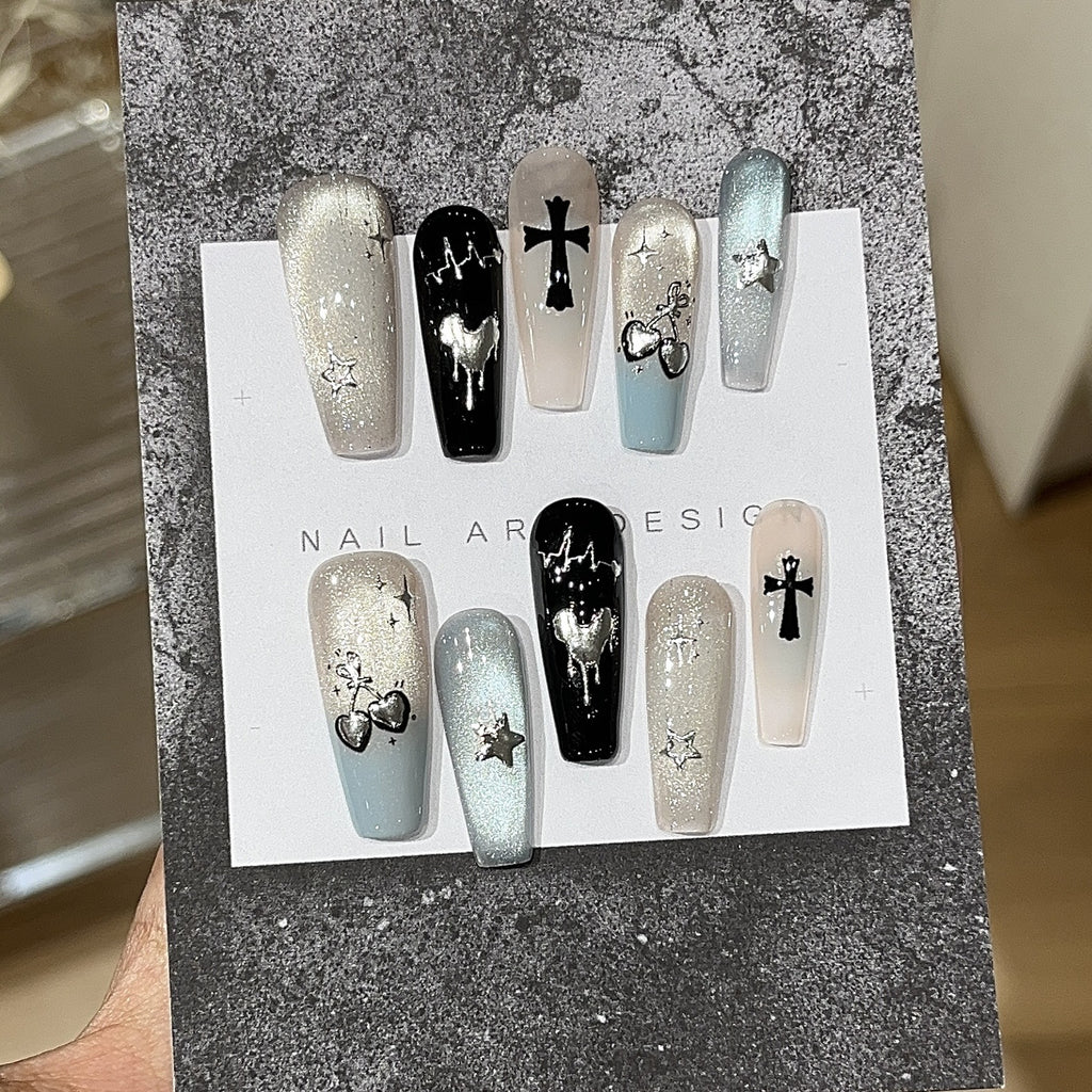 Y2K Mint Cat Eye Chrome Press On Nails – Metallic Cross Heart Design 