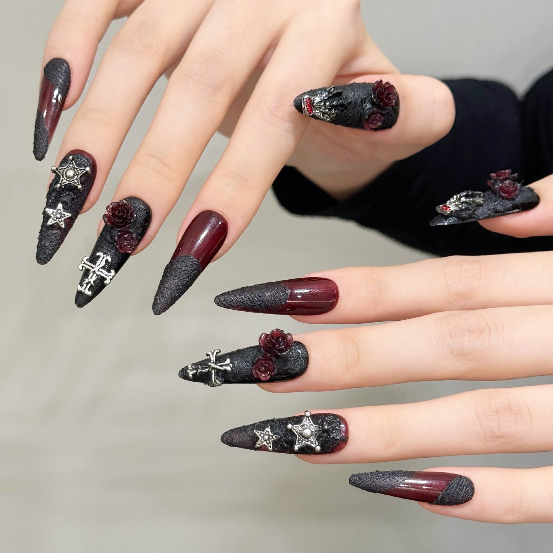 Gothic Rose Skull Press On Nails – Dark Handmade Fake Nails