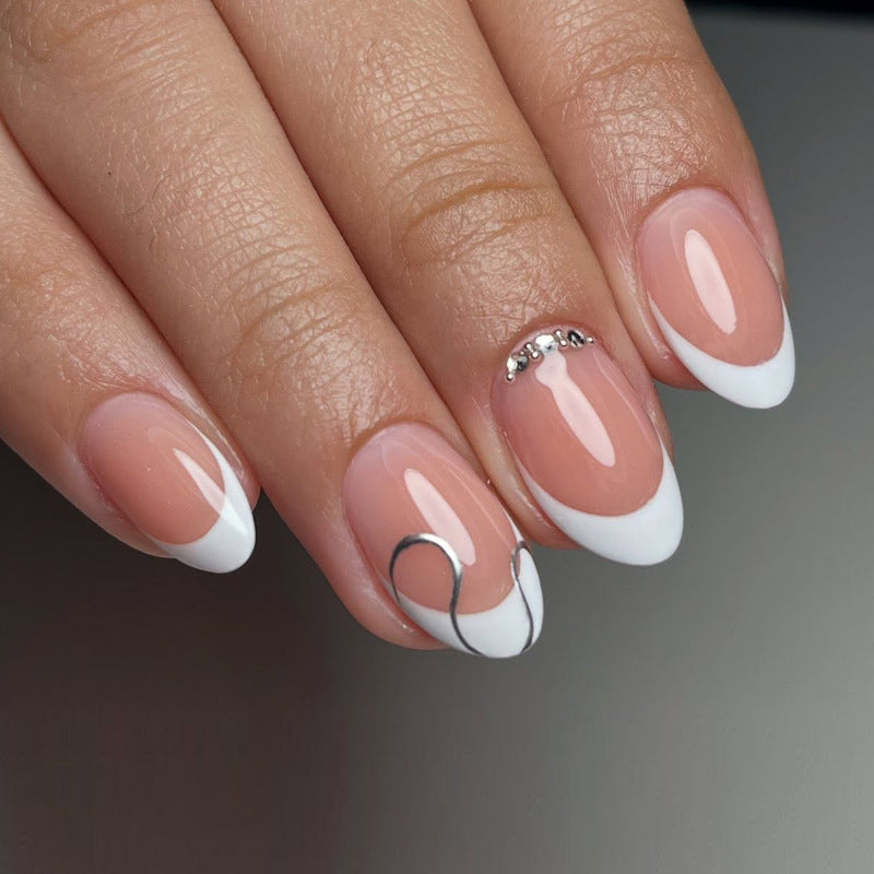 Short French White Edge Press On Nails – Rhinestone Chain Silver Line Fake Nails 