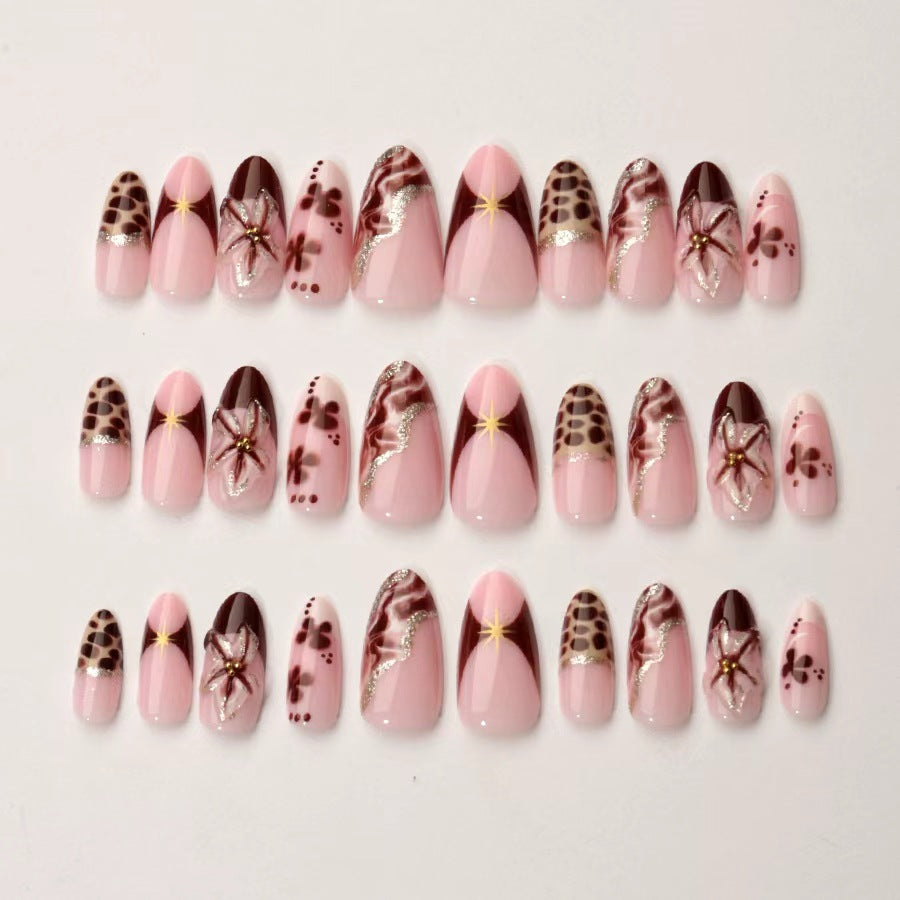 30pcs Almond Shape Leopard Print Brown Press On Nails – 3D Stripe Glossy Fake Nails 