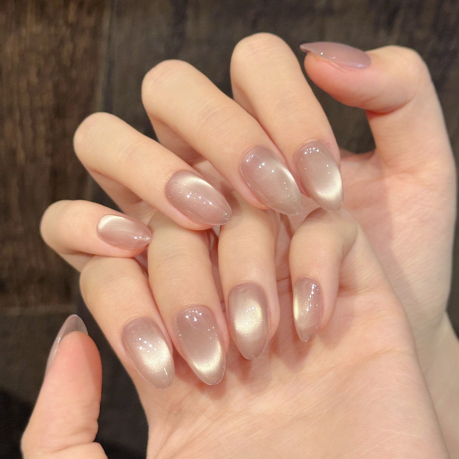 Cat Eye Almond Nude Press On Nails – Sparkling Glass Beads Handmade