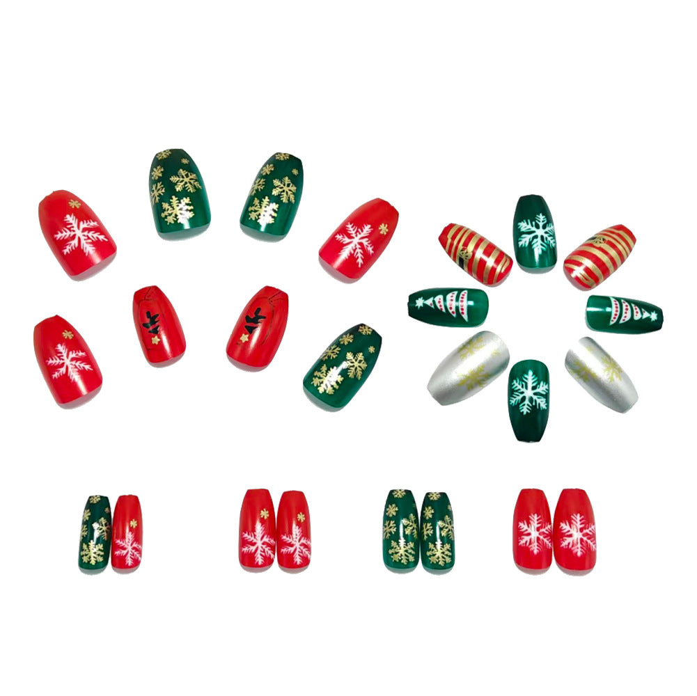 Christmas Snowflake Tree Press On Nails – Gold Line Fake Nail Tips 