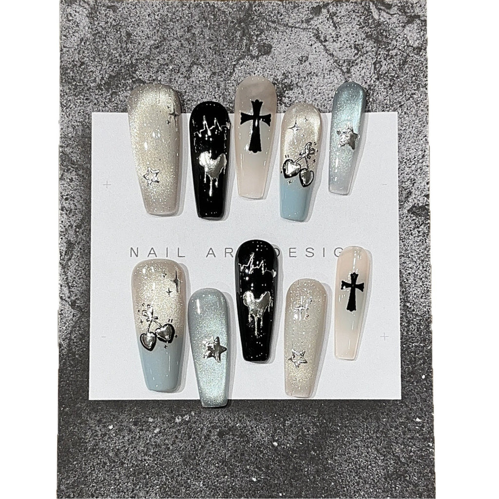 Y2K Mint Cat Eye Chrome Press On Nails – Metallic Cross Heart Design 
