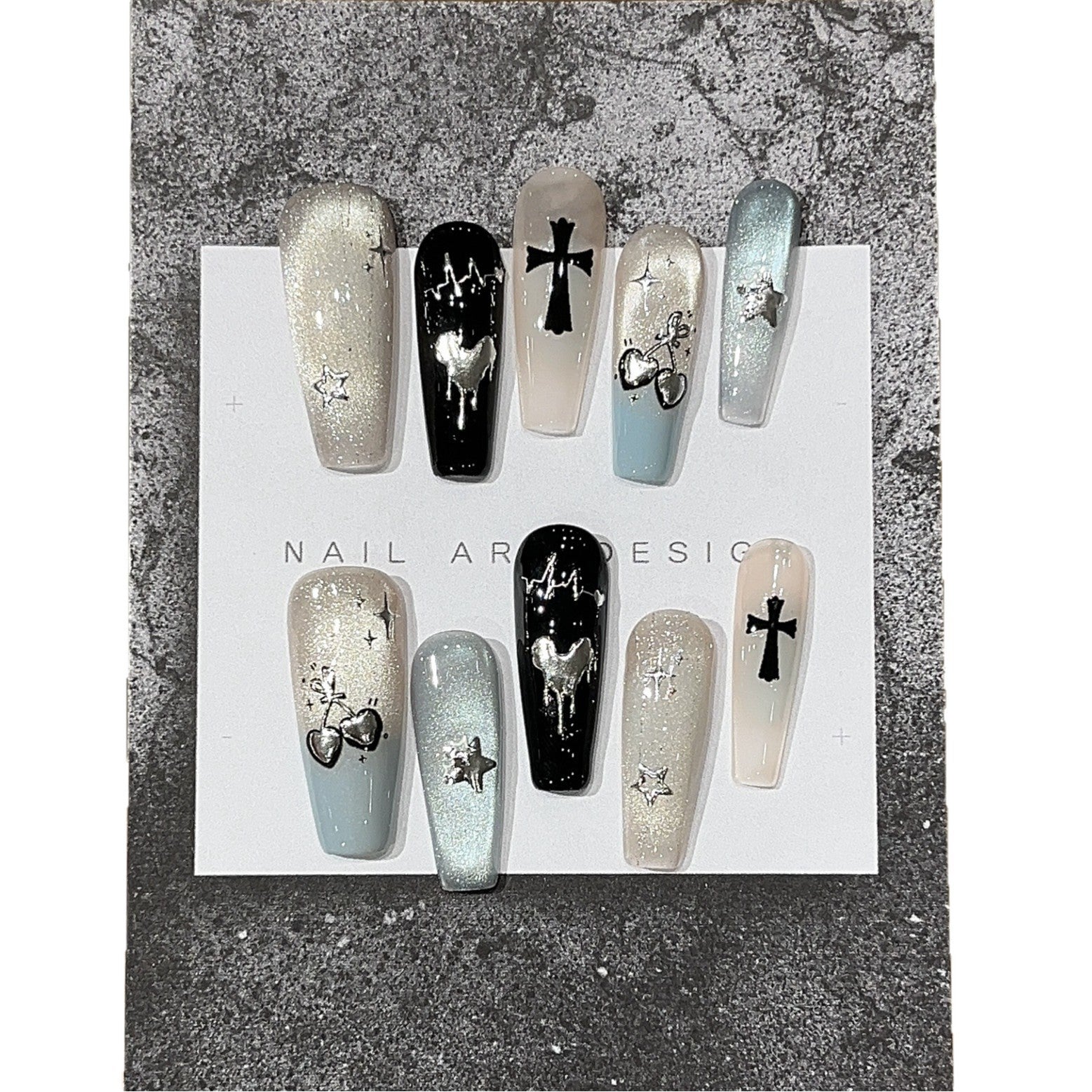 Y2K Mint Cat Eye Chrome Press On Nails – Metallic Cross Heart Design 