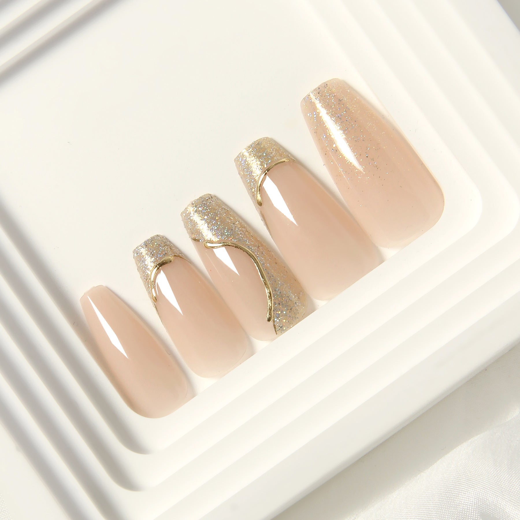 24PCS Holographic 3D Crystal Flower Ballerina Press On Nails – Laser Chrome Fake Nail Tips 