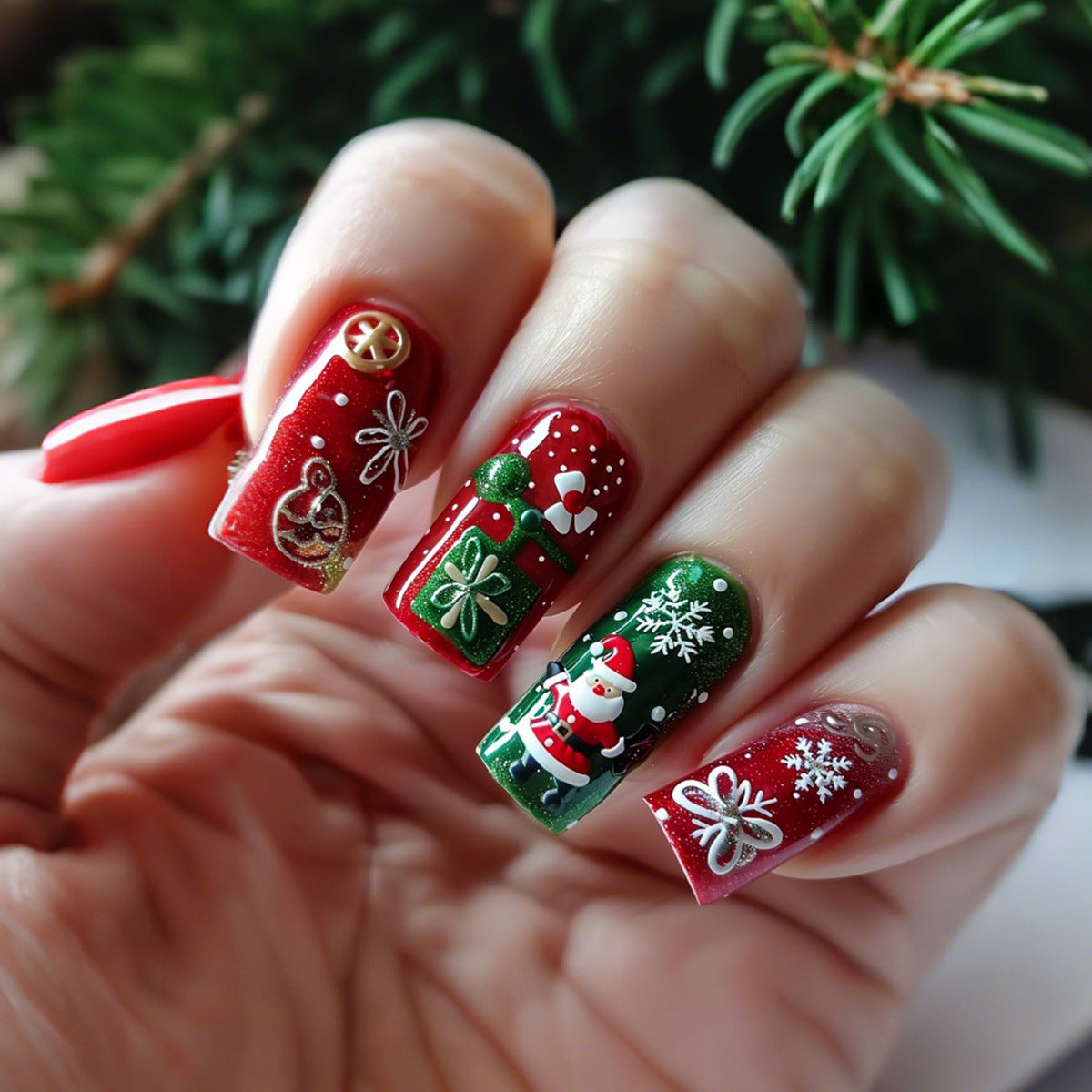 Christmas Snowflake Press On Nails – Medium Square Fake Nail Tips 