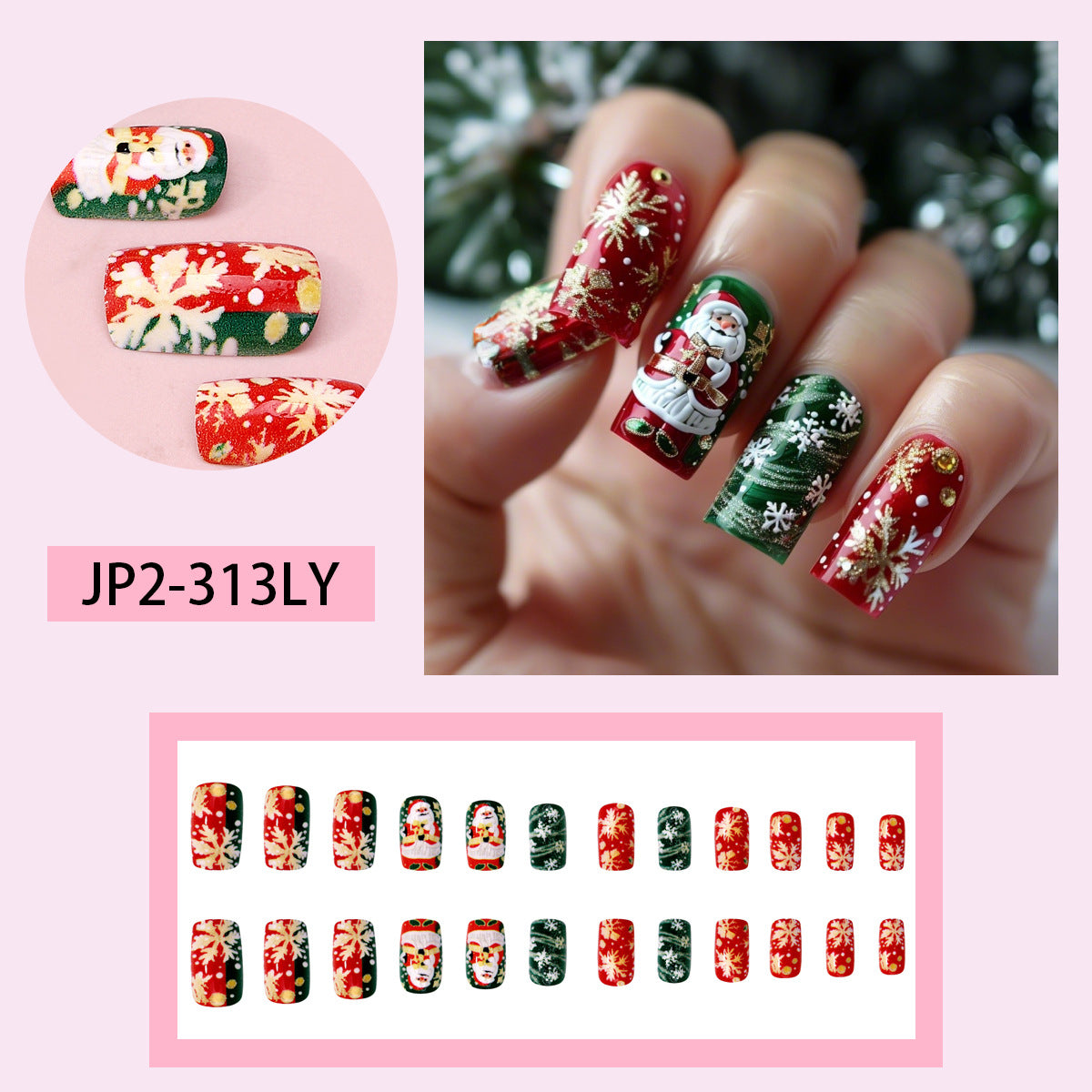 Green Christmas Press-On Nails – Santa & Snowflake Design Reusable Nail Tips