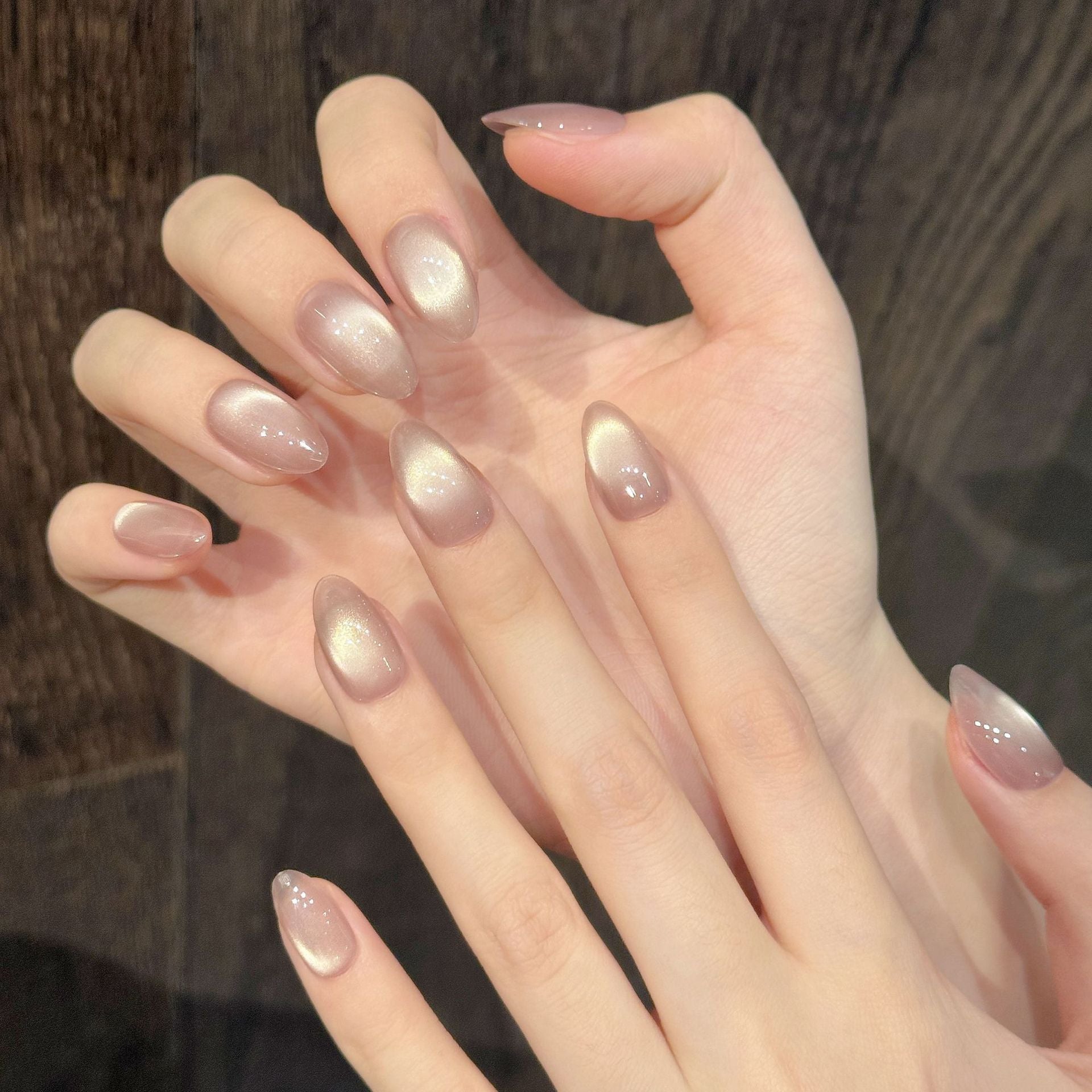 Cat Eye Almond Nude Press On Nails – Sparkling Glass Beads Handmade