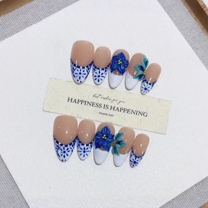 Handmade Press On Nails Autumn Winter Collection – Hand Painted Carved Design 