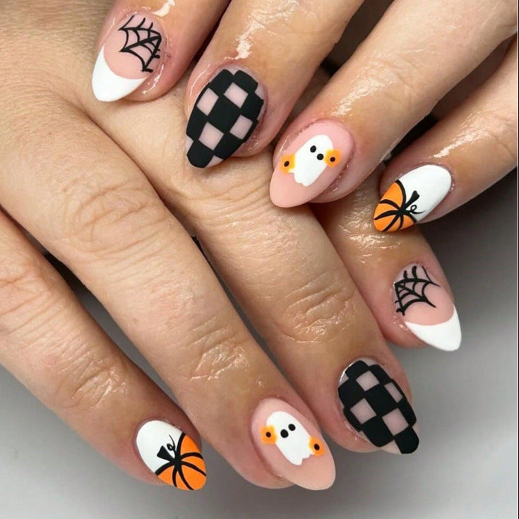 Halloween Press On Nails – 24pcs Cute Short Oval Glossy Fake Nails 